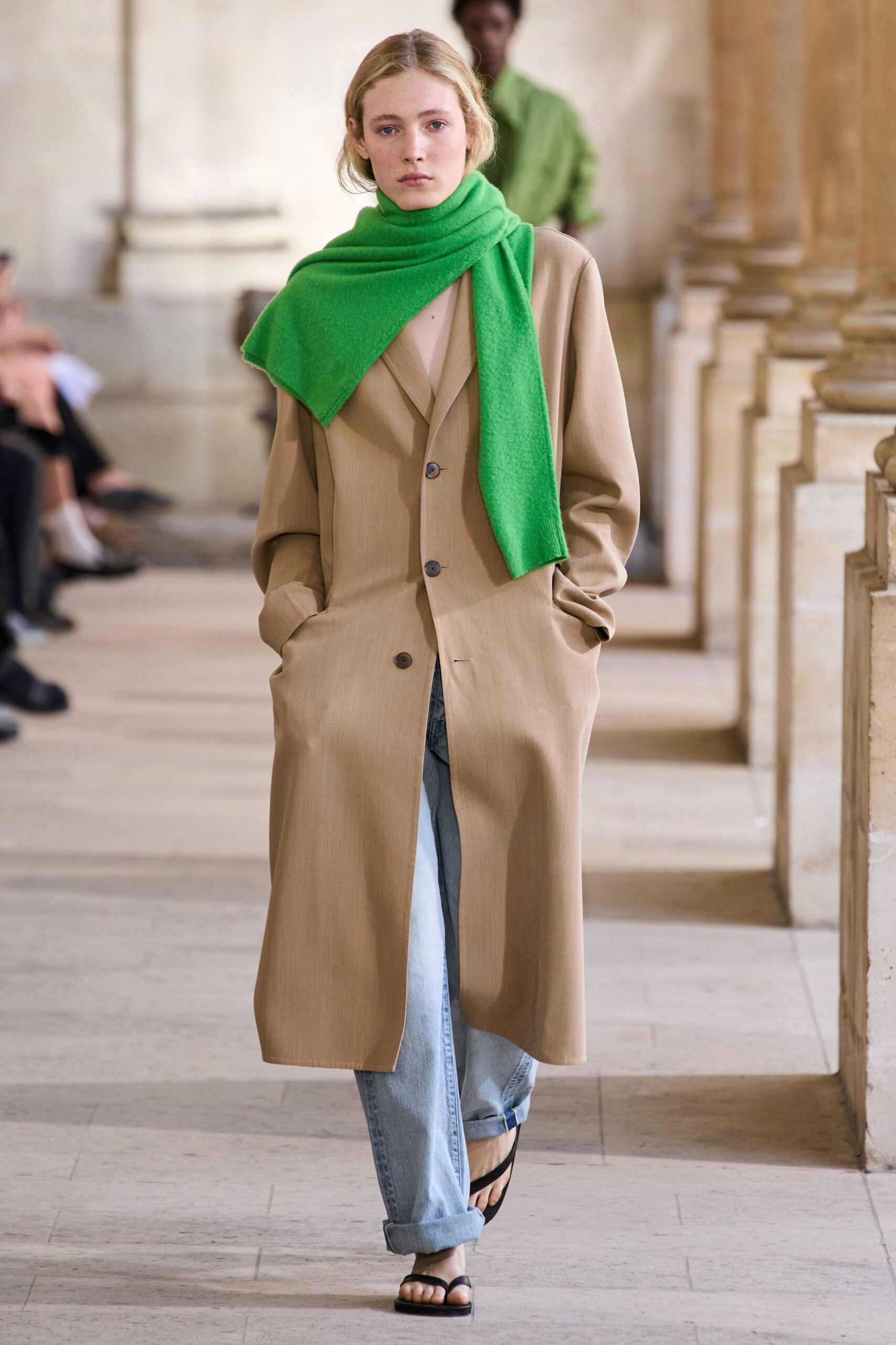 beige wool long-sleeve collared oversized buttoned straight-leg coat