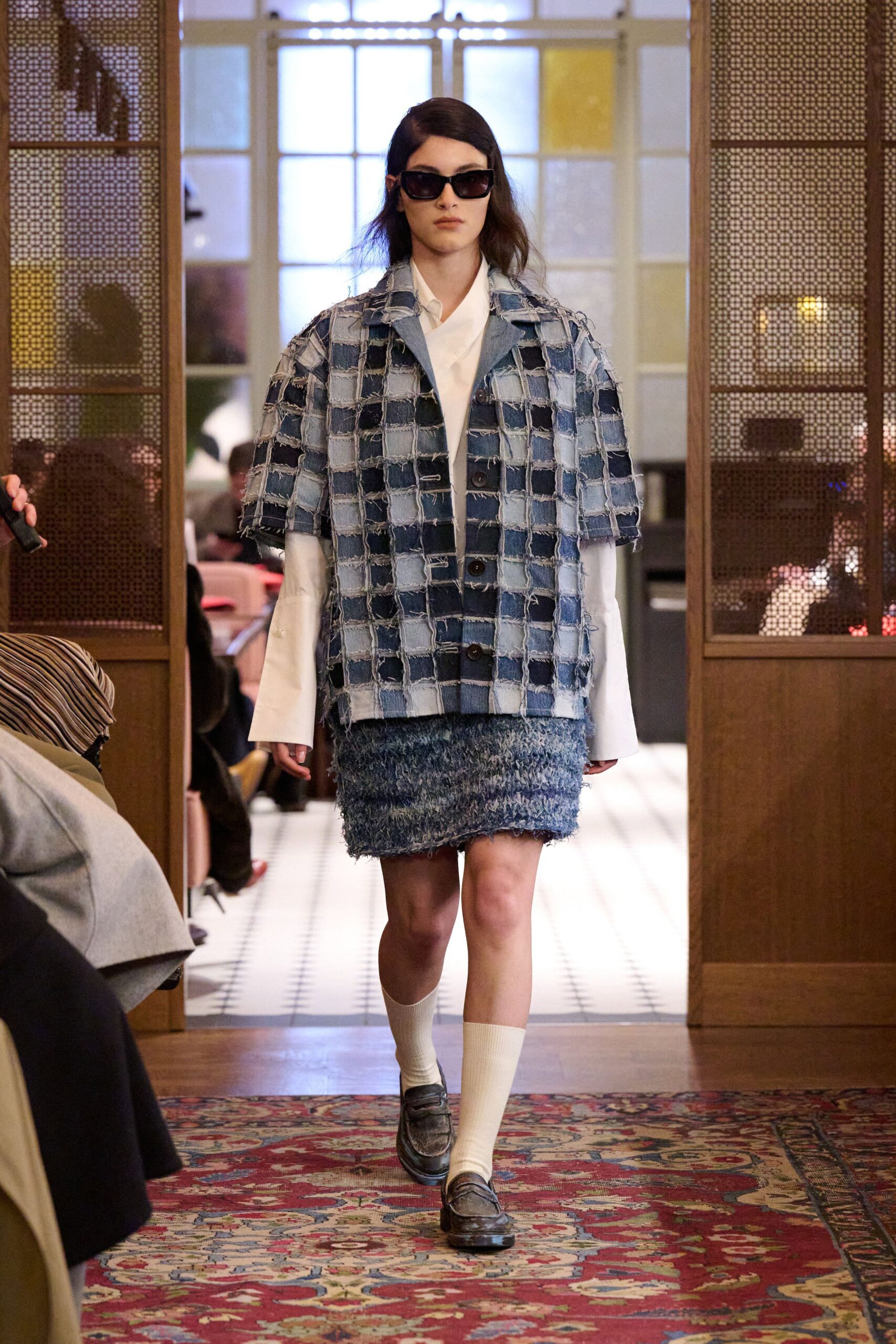 blue denim short-sleeve collared relaxed layered buttoned jacket