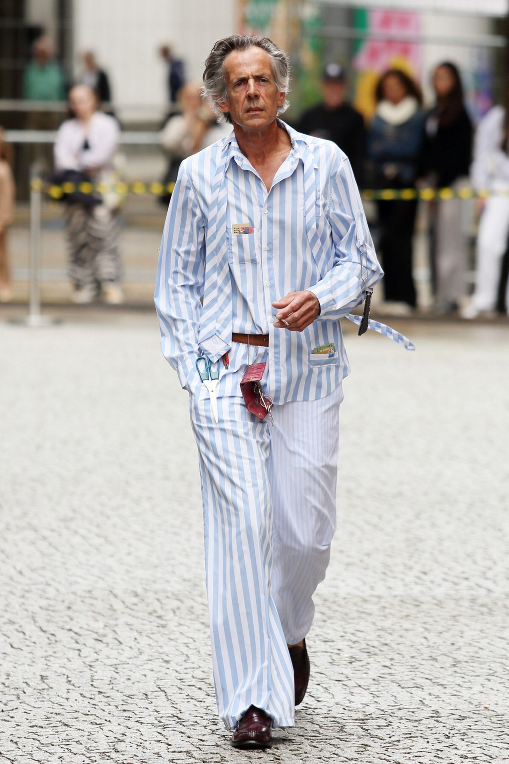 blue and white striped outfit