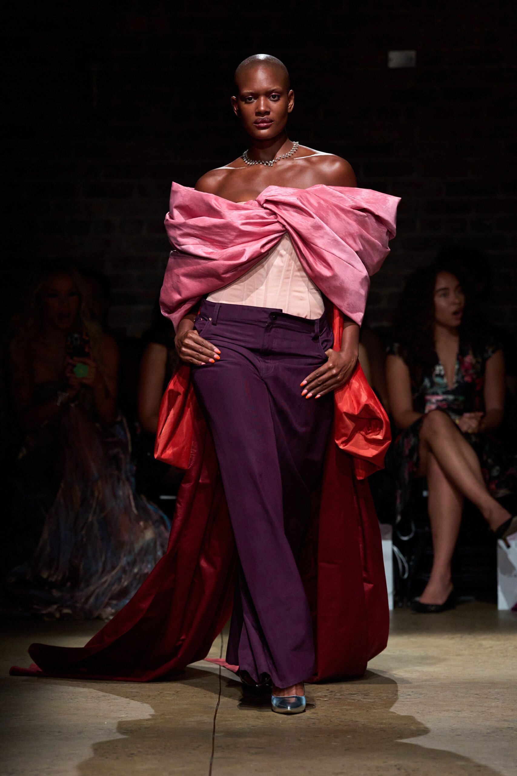 pink silk off-shoulder fitted draped maxi gown
