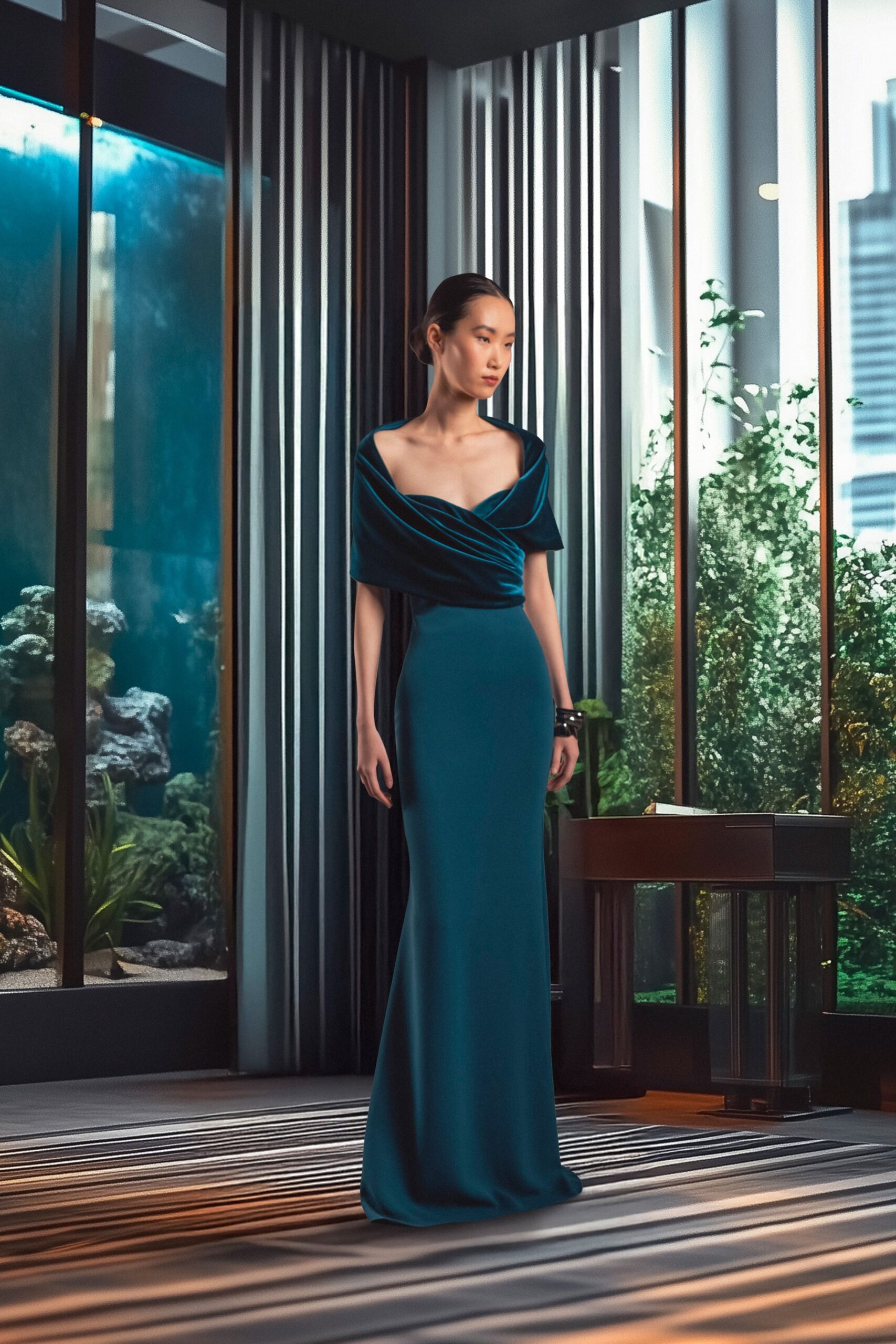 teal silk off-shoulder gown
