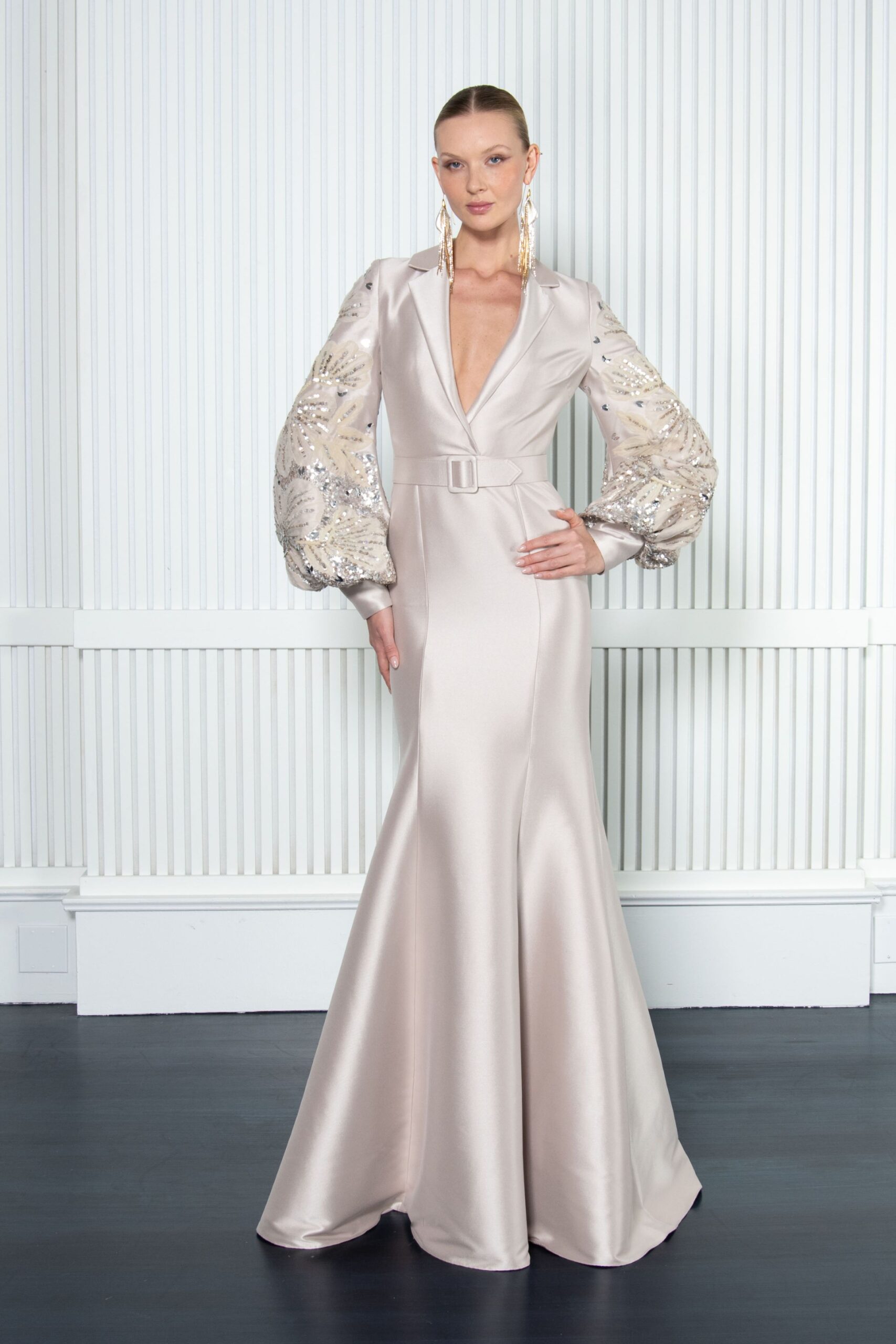 beige satin fitted gown