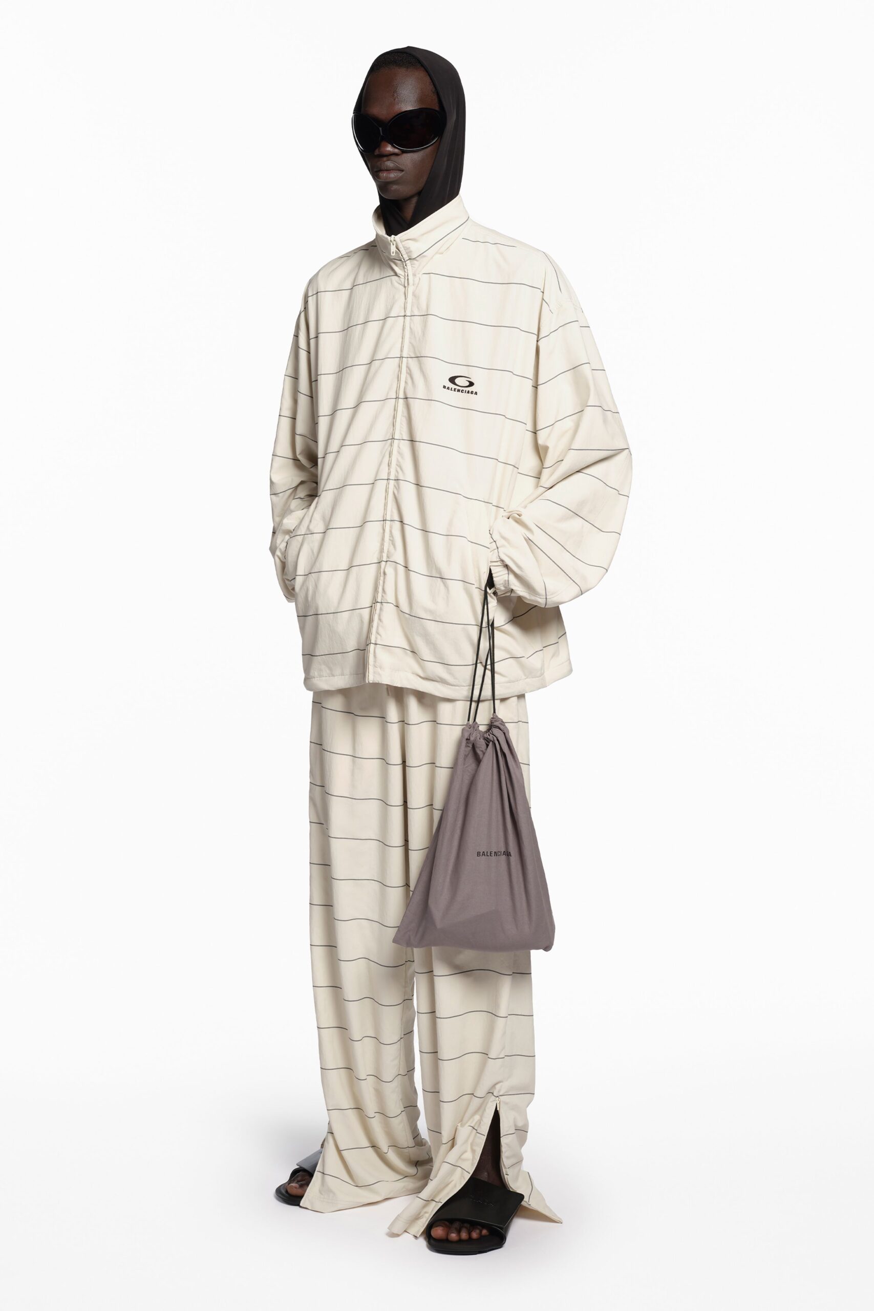 ivory cotton slit oversized striped wide-leg maxi pants