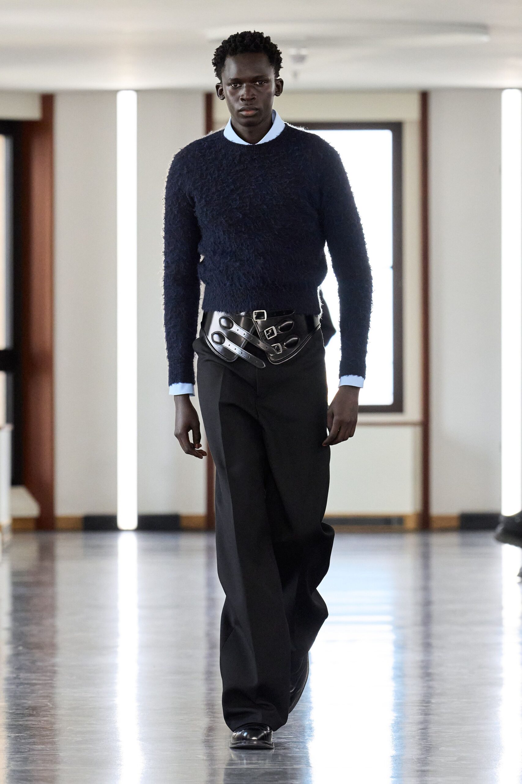 blue wool long-sleeve collared fitted textured sweater