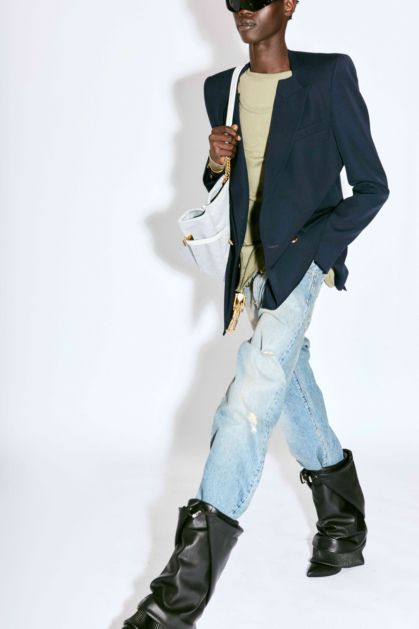 black tailored blazer green fitted top