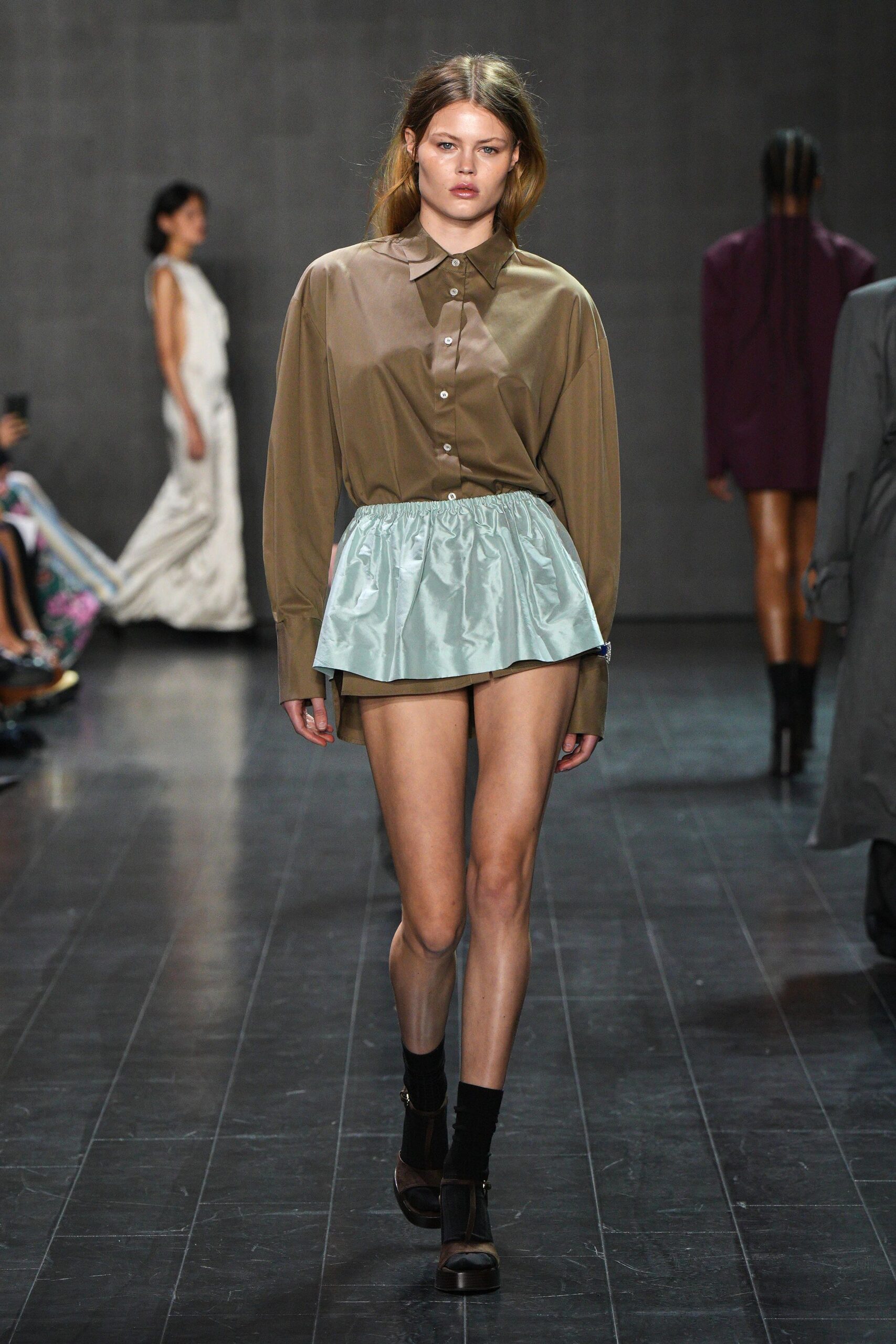 blue silk structured pleated layered shiny mini skirt
