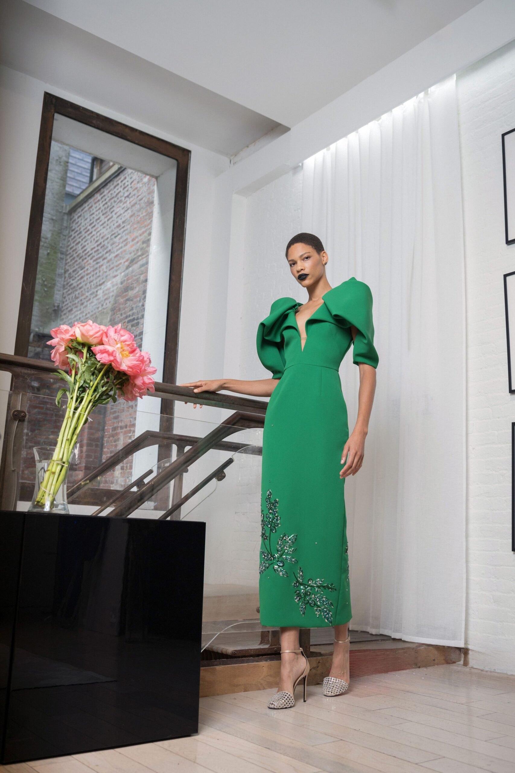 green silk midi dress with embroidery