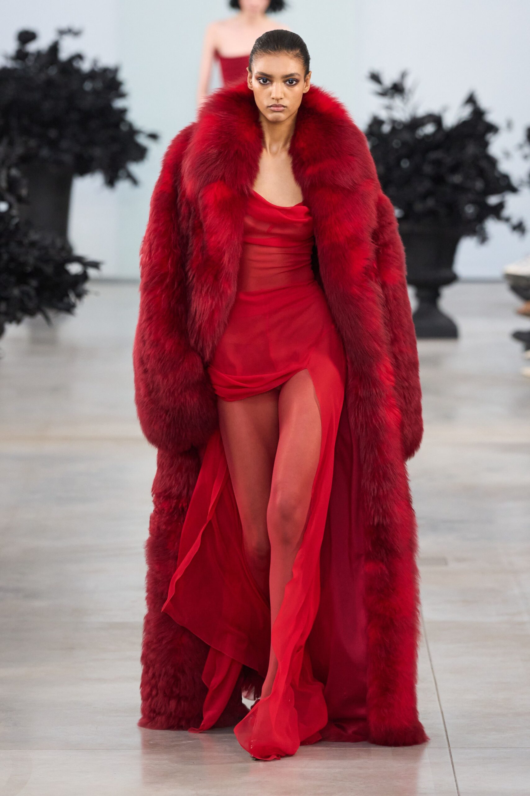 red silk sleeveless v-neck fitted sheer maxi gown