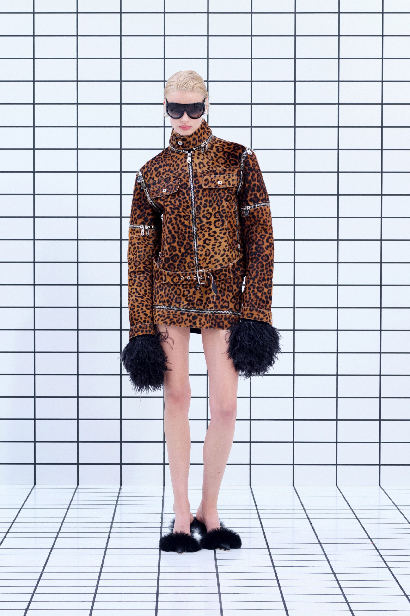 brown animal-print jacket with mini skirt