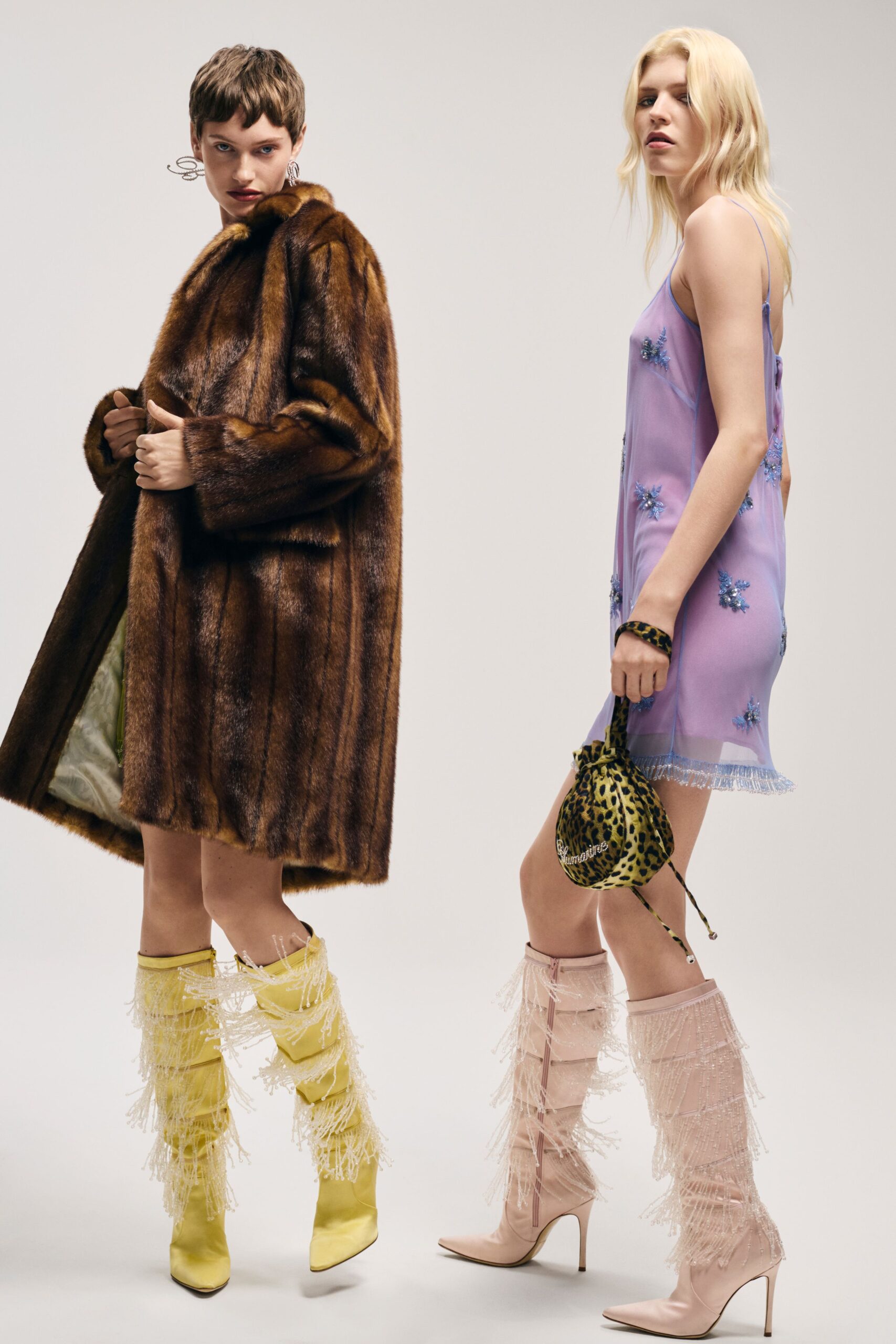 brown faux-fur coat and purple dress