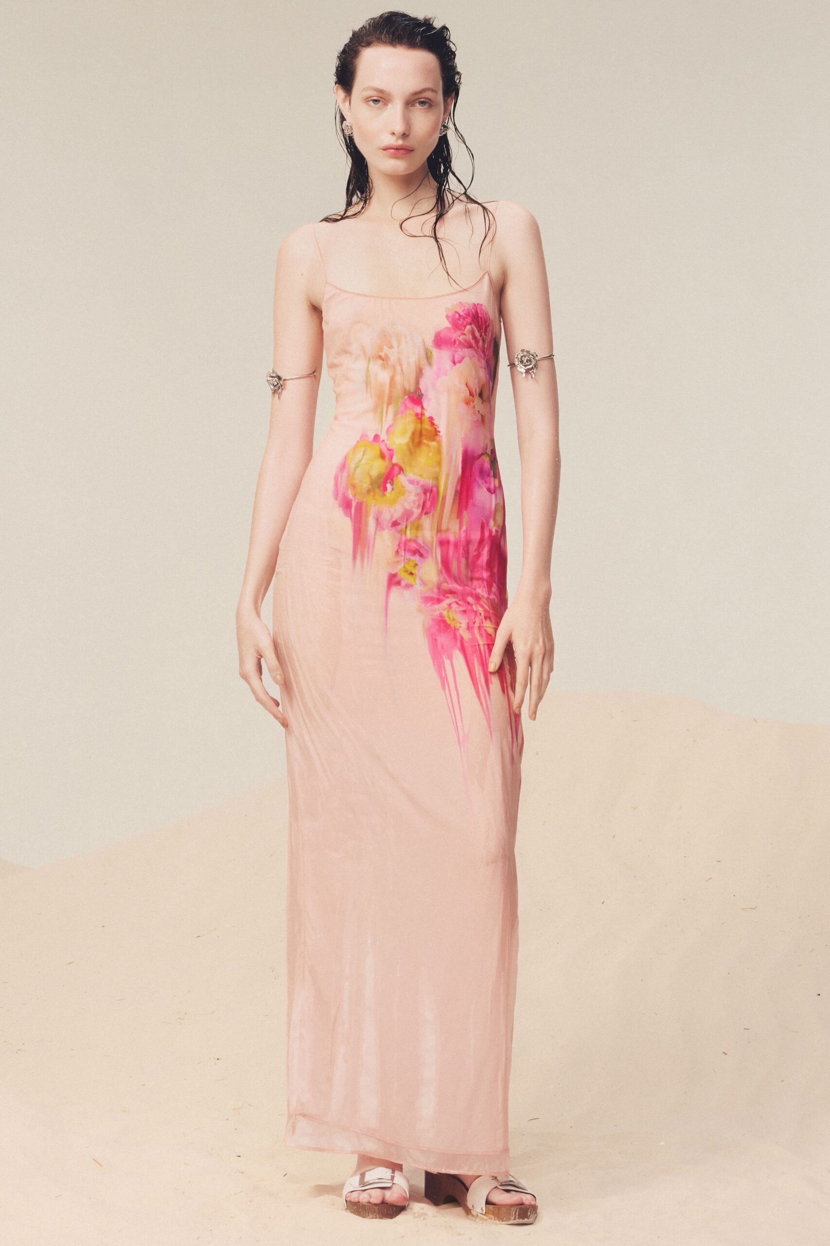 pink floral silk gown with sandals