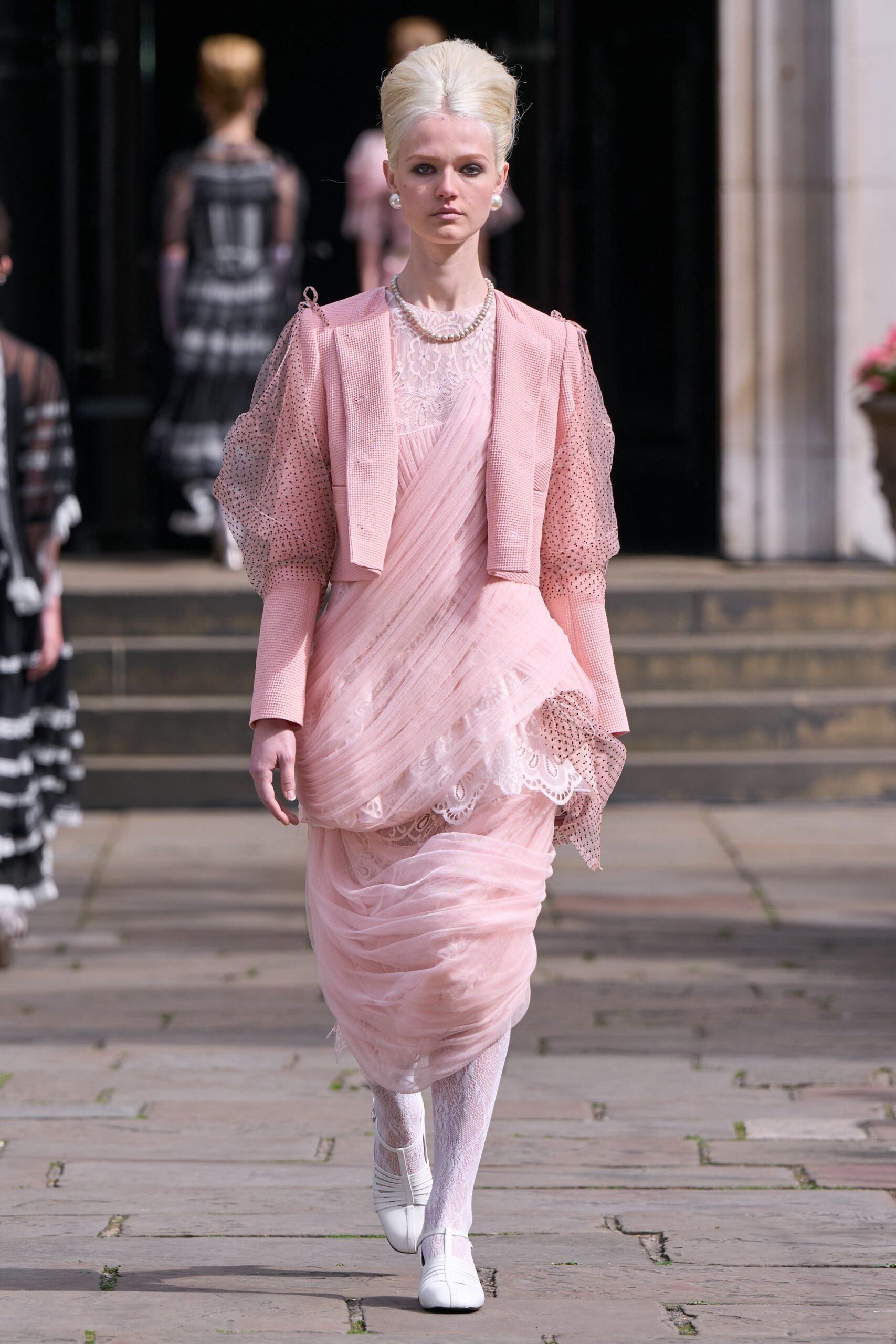 pink cotton long-sleeve collared fitted layered jacket