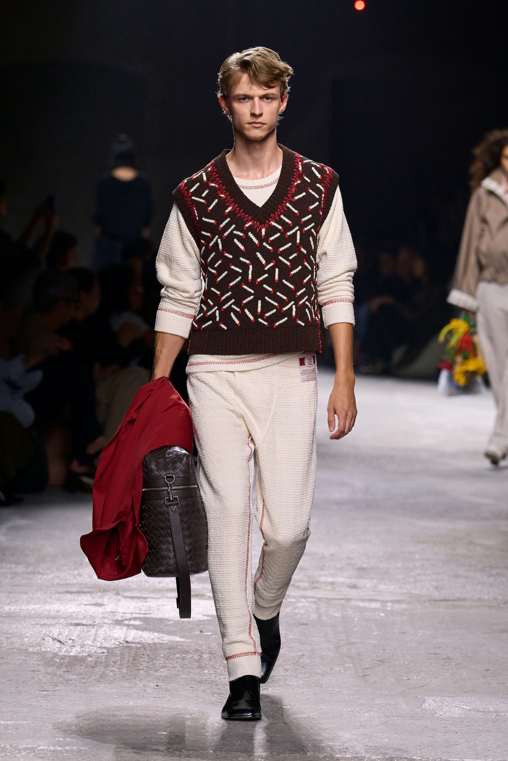 brown cotton long-sleeve v-neck fitted embroidered sweater