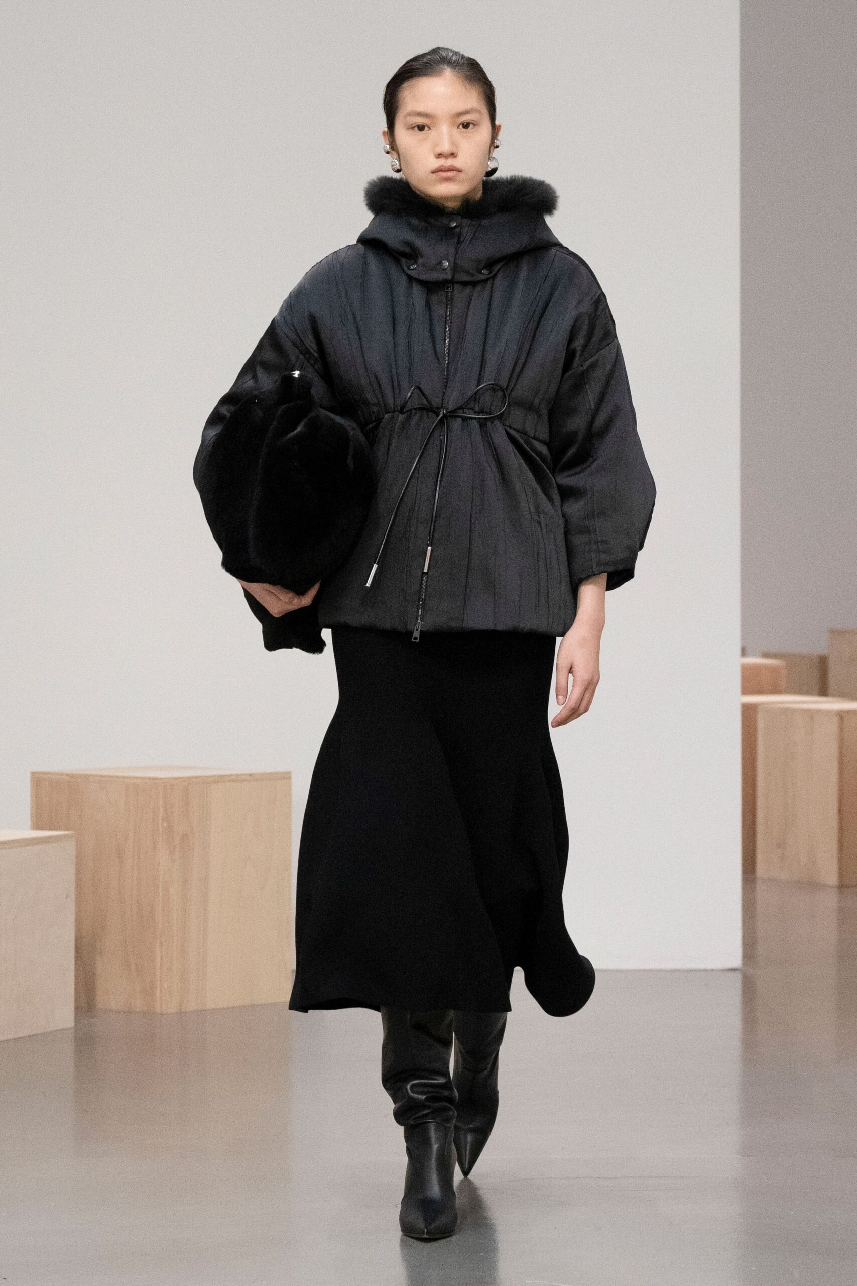 black relaxed jacket with midi skirt