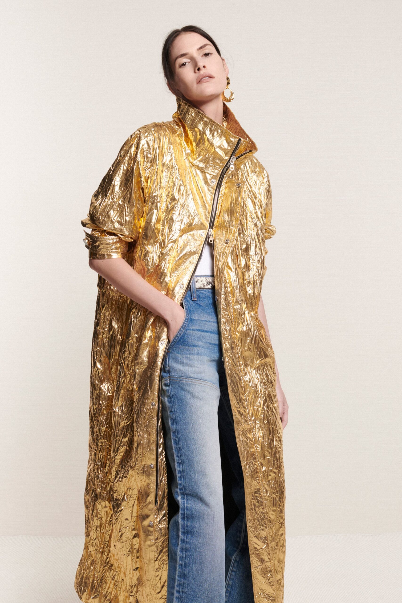 gold metallic long-sleeve collared relaxed zippered shiny coat