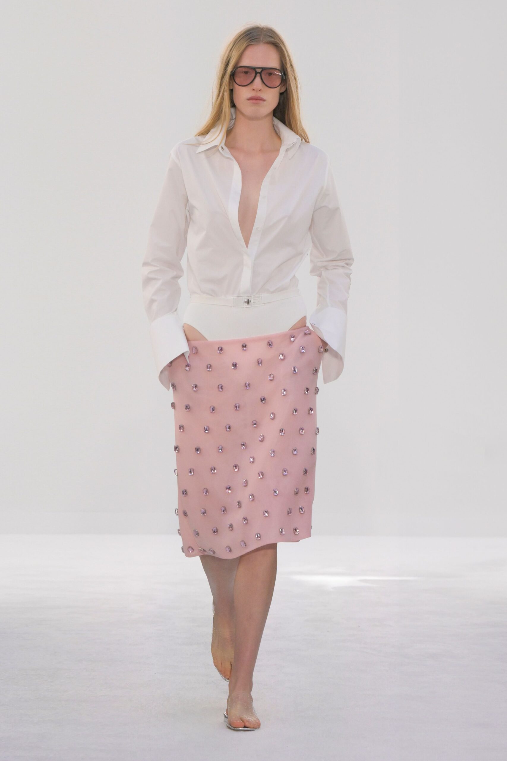 white shirt pink beaded skirt