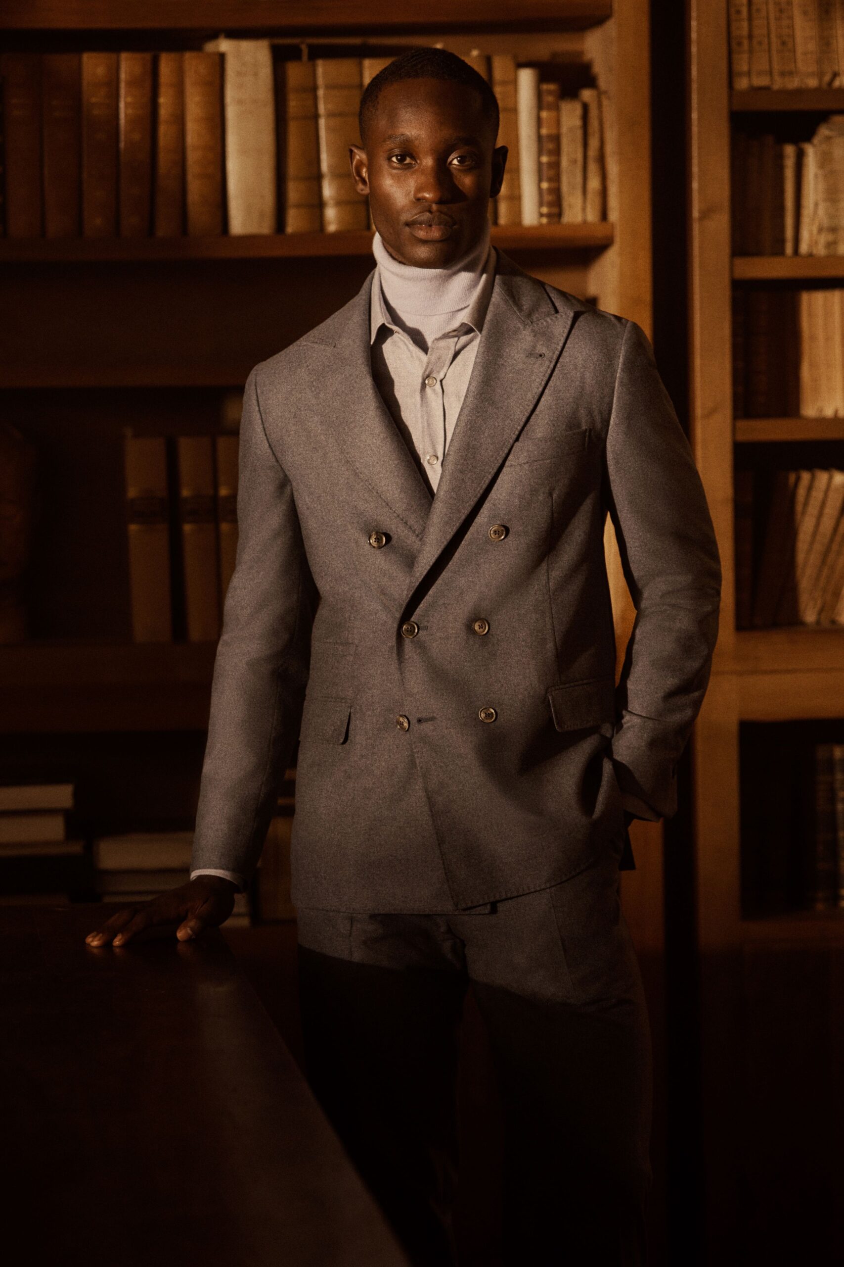gray tailored suit with white shirt