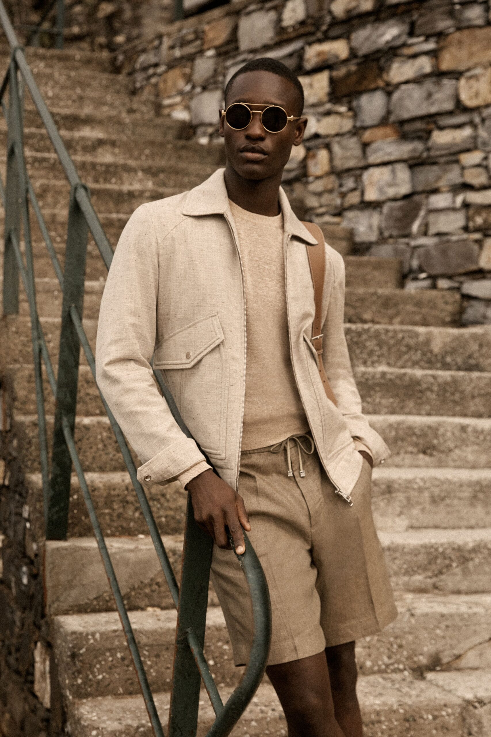 beige cotton long-sleeve collared structured buttoned jacket