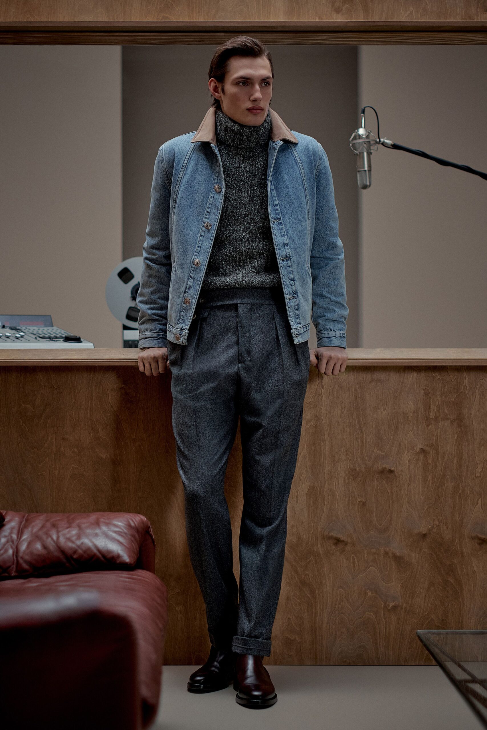 blue denim jacket gray sweater tailored pants