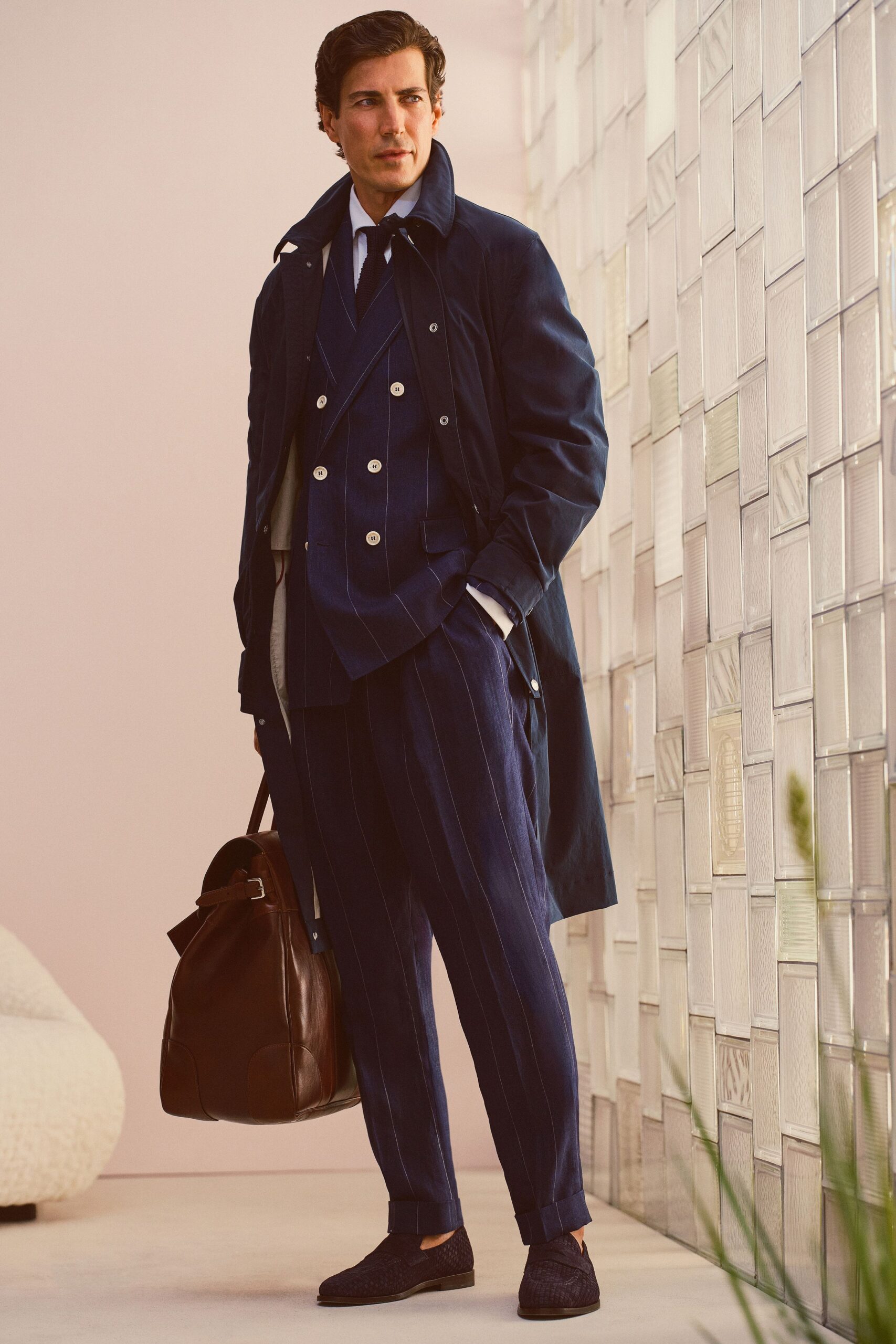 blue cotton long-sleeve collared structured buttoned trench