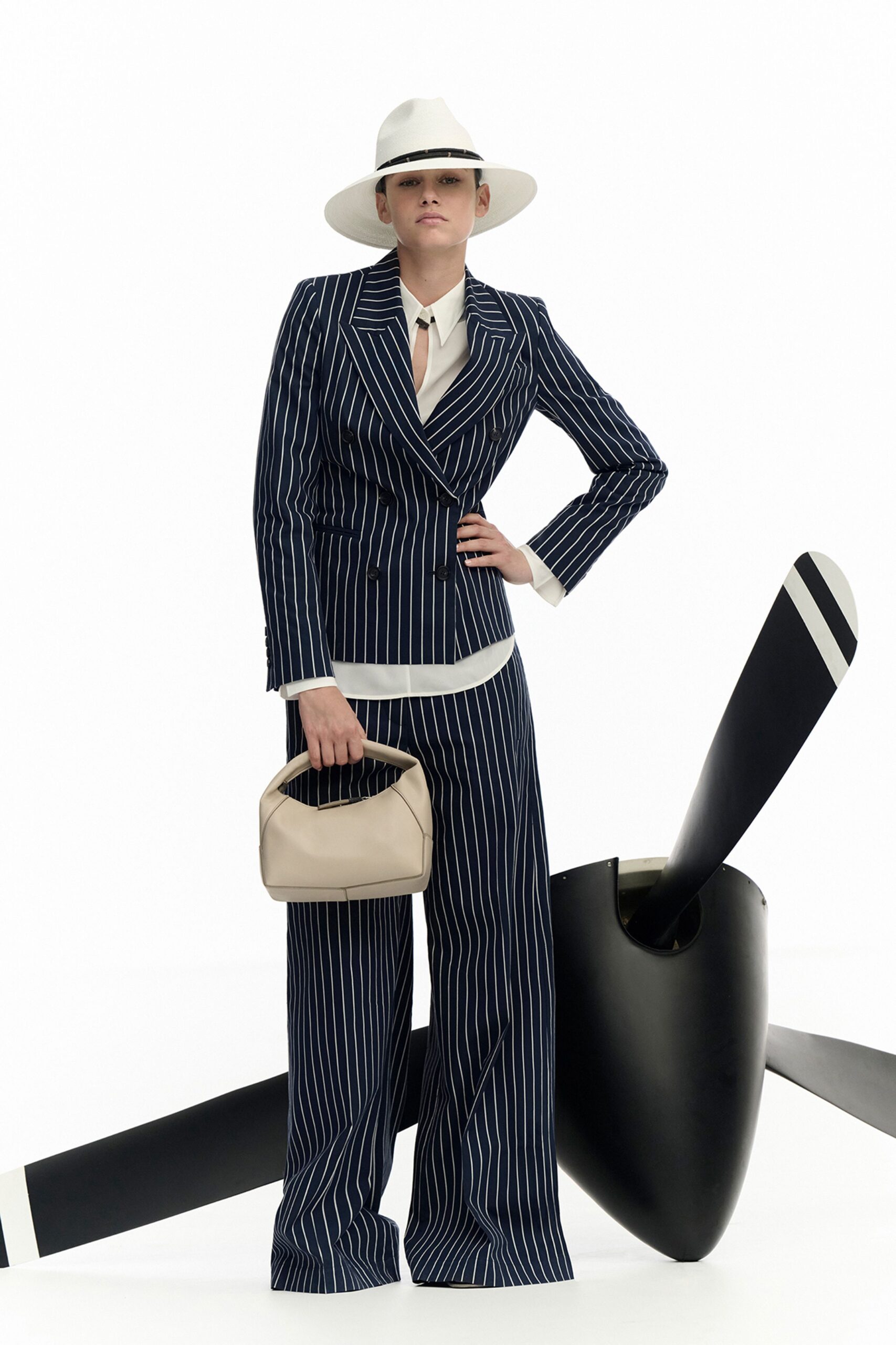 navy striped tailored suit with hat