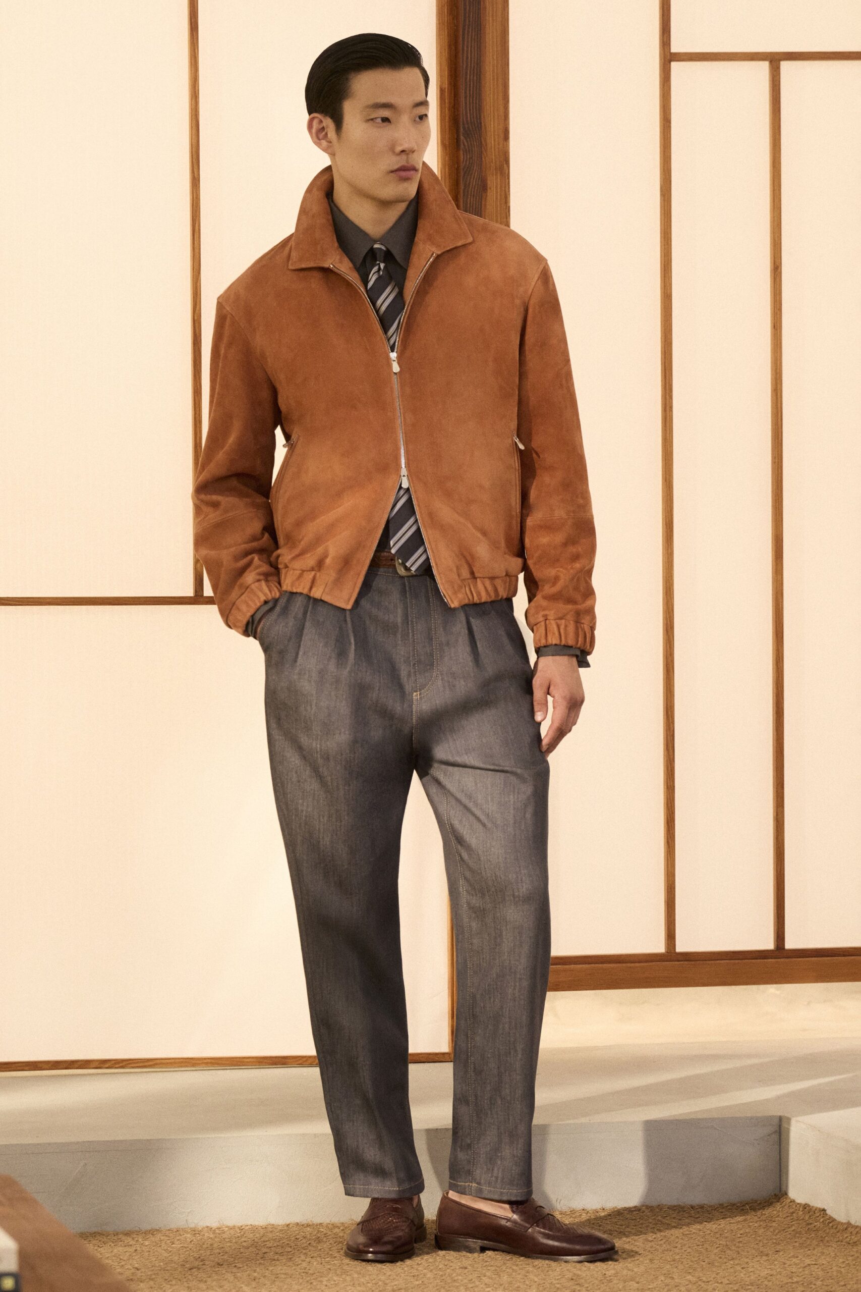 brown suede long-sleeve collared relaxed zippered pockets jacket