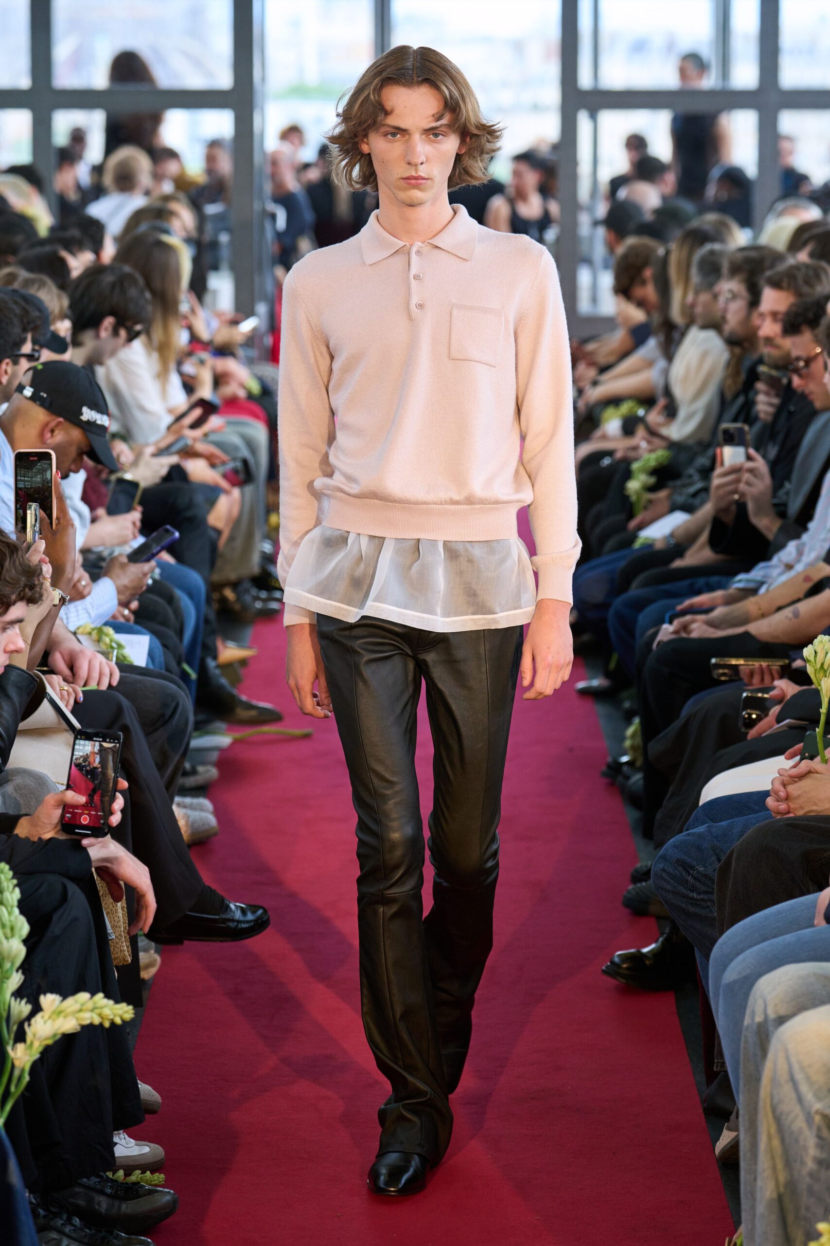 pink wool long-sleeve collared fitted layered sweater