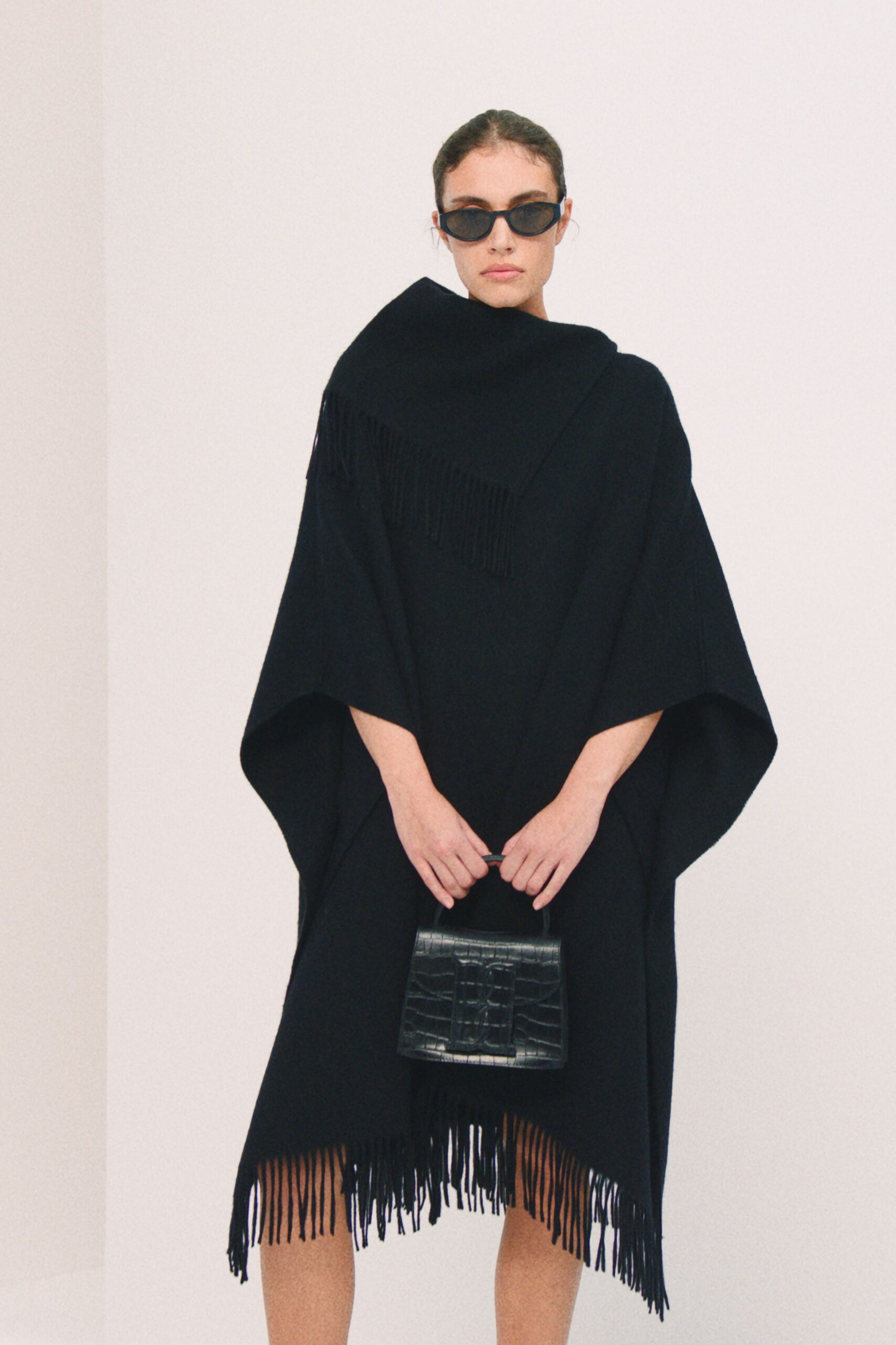 black wool relaxed fringed poncho