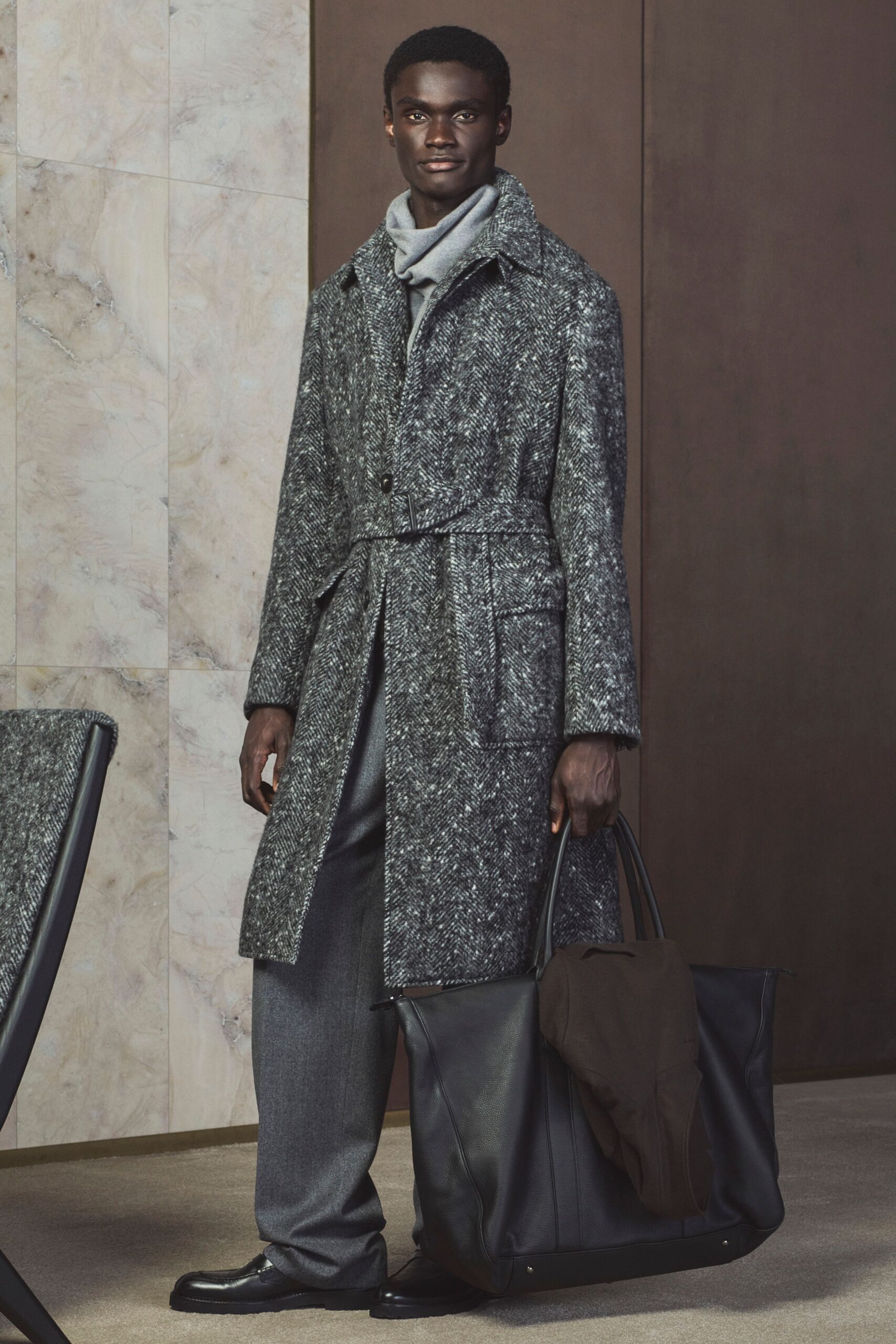 gray wool coat with scarf