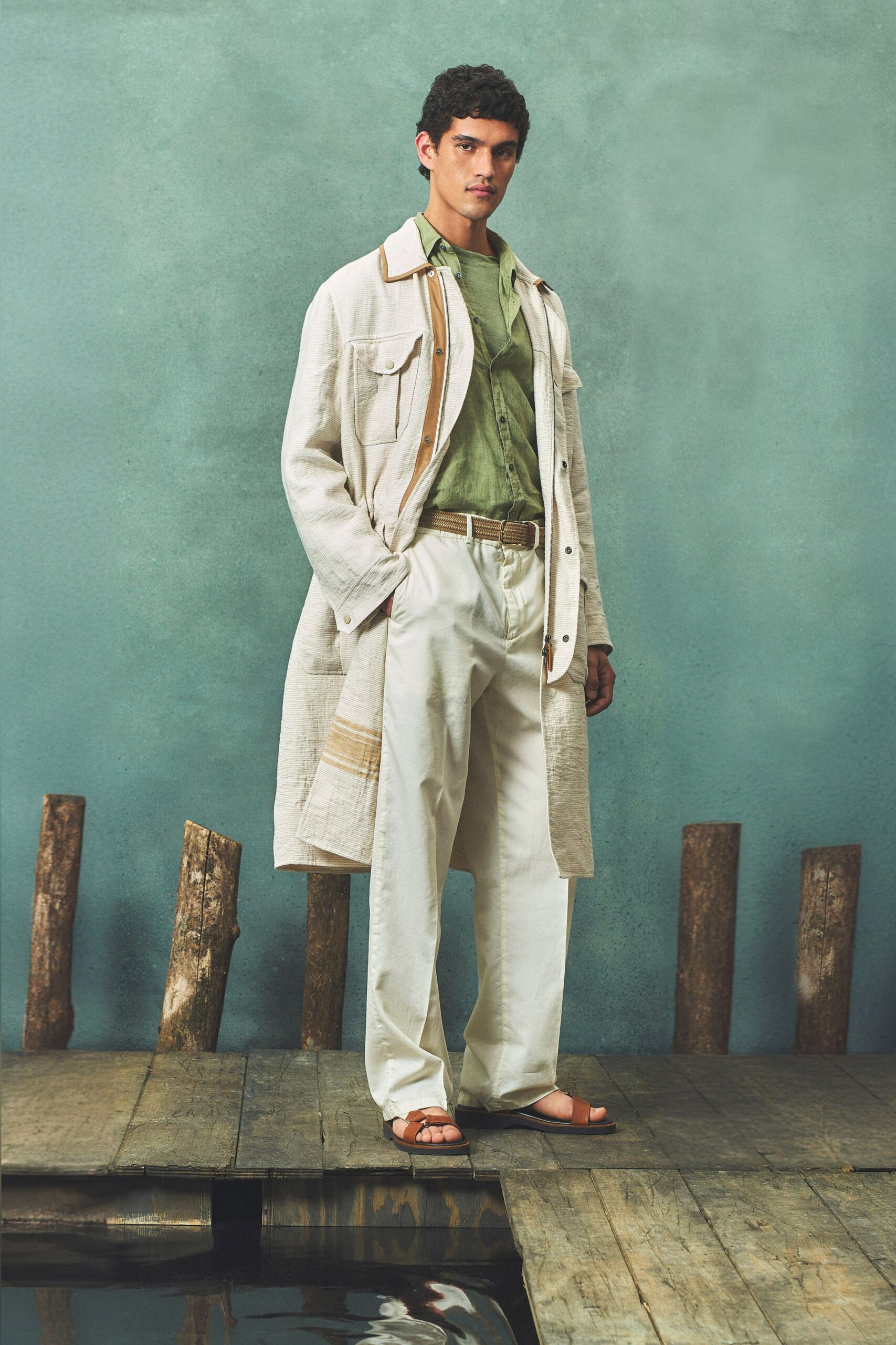 beige linen long-sleeve collared relaxed buttoned coat