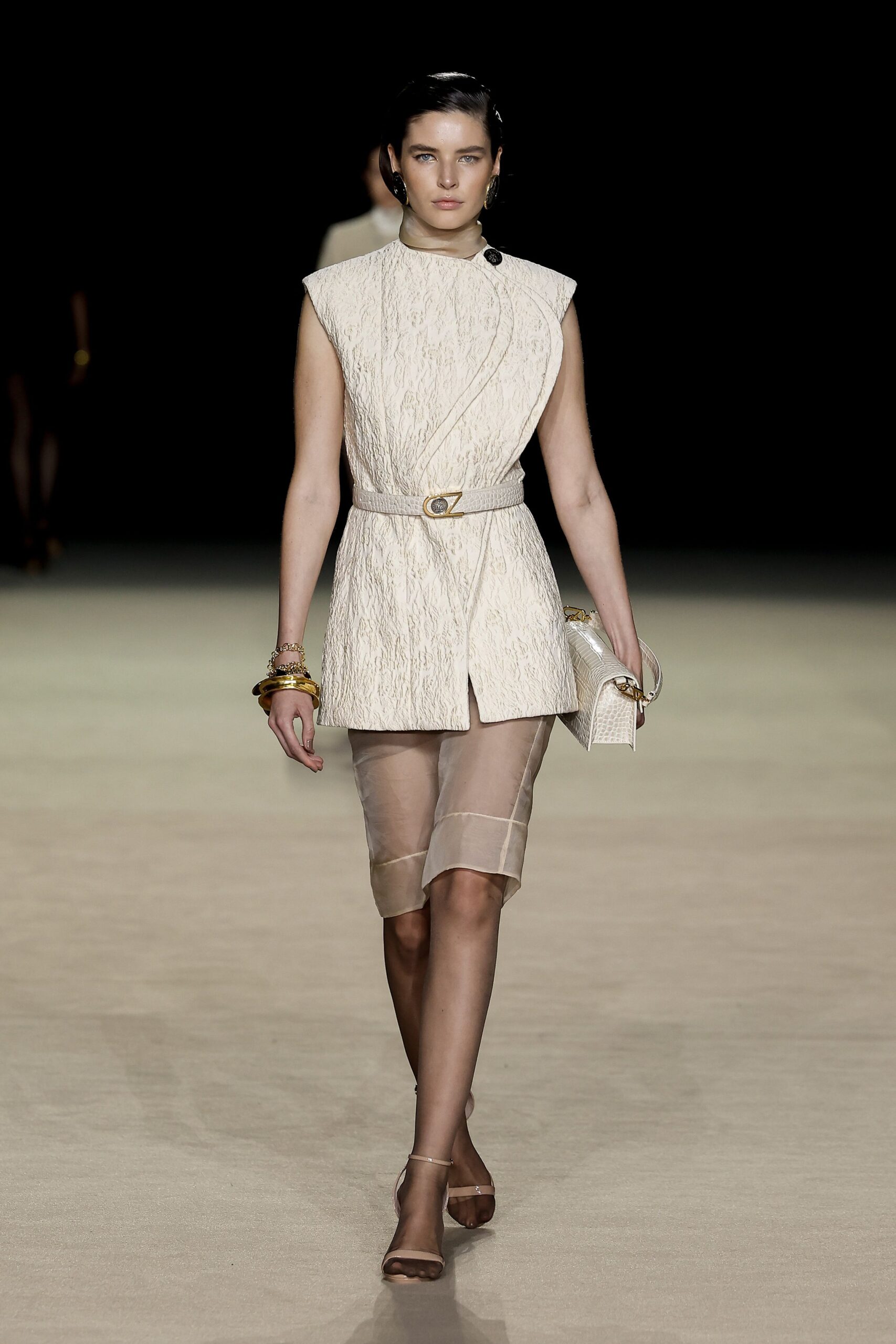 white silk sleeveless v-neck fitted pleated belted dress