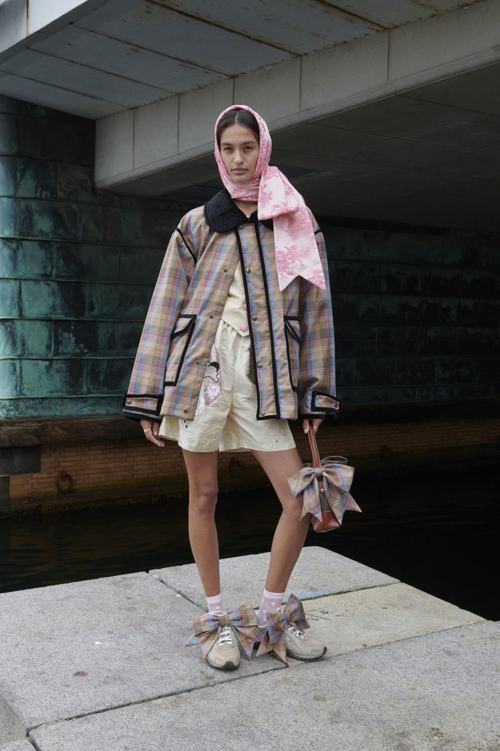 beige cotton long-sleeve collared oversized buttoned checked jacket