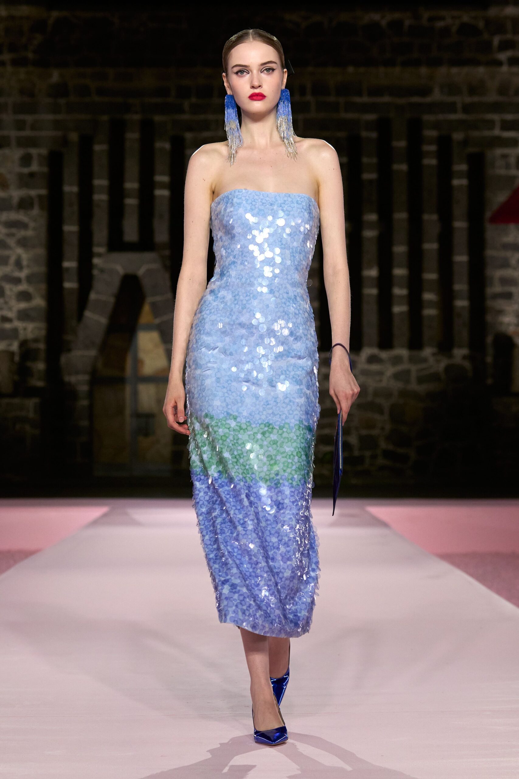 blue sequin strapless midi dress