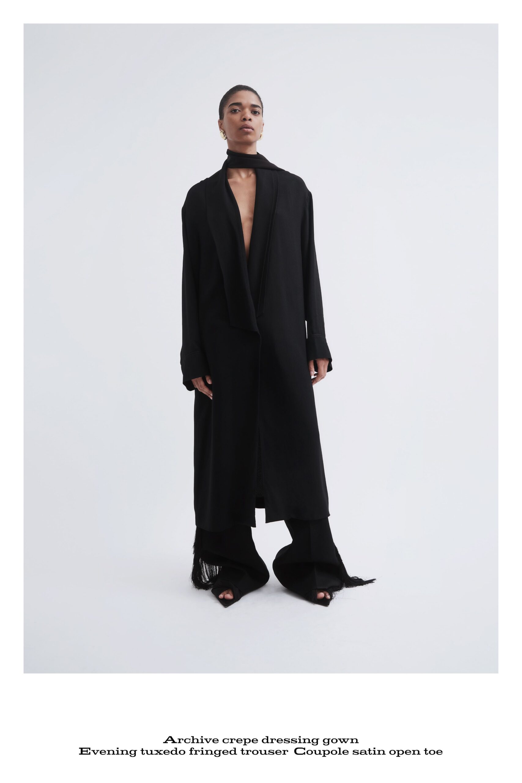black crepe gown and satin pants