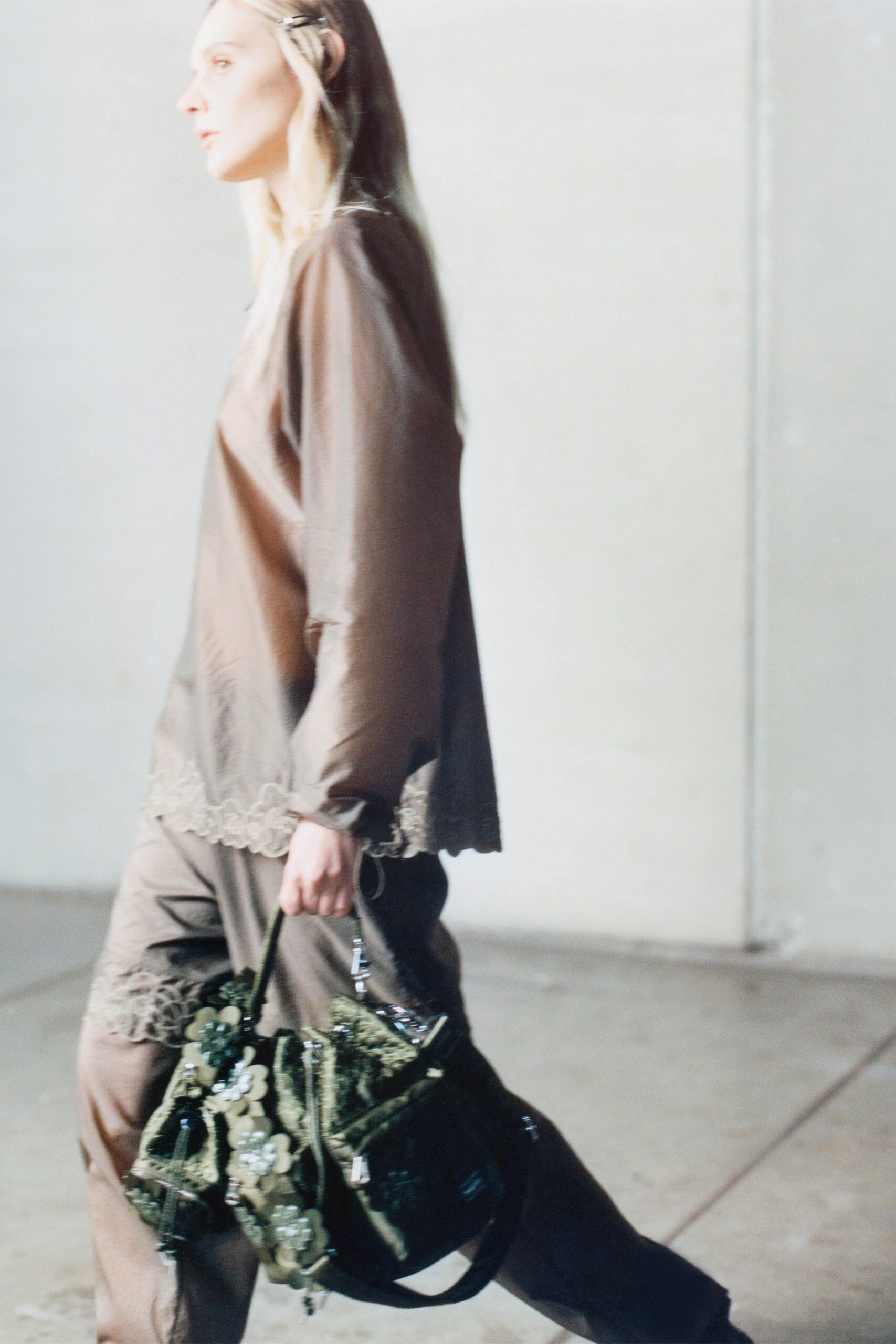 green cotton embellished bag