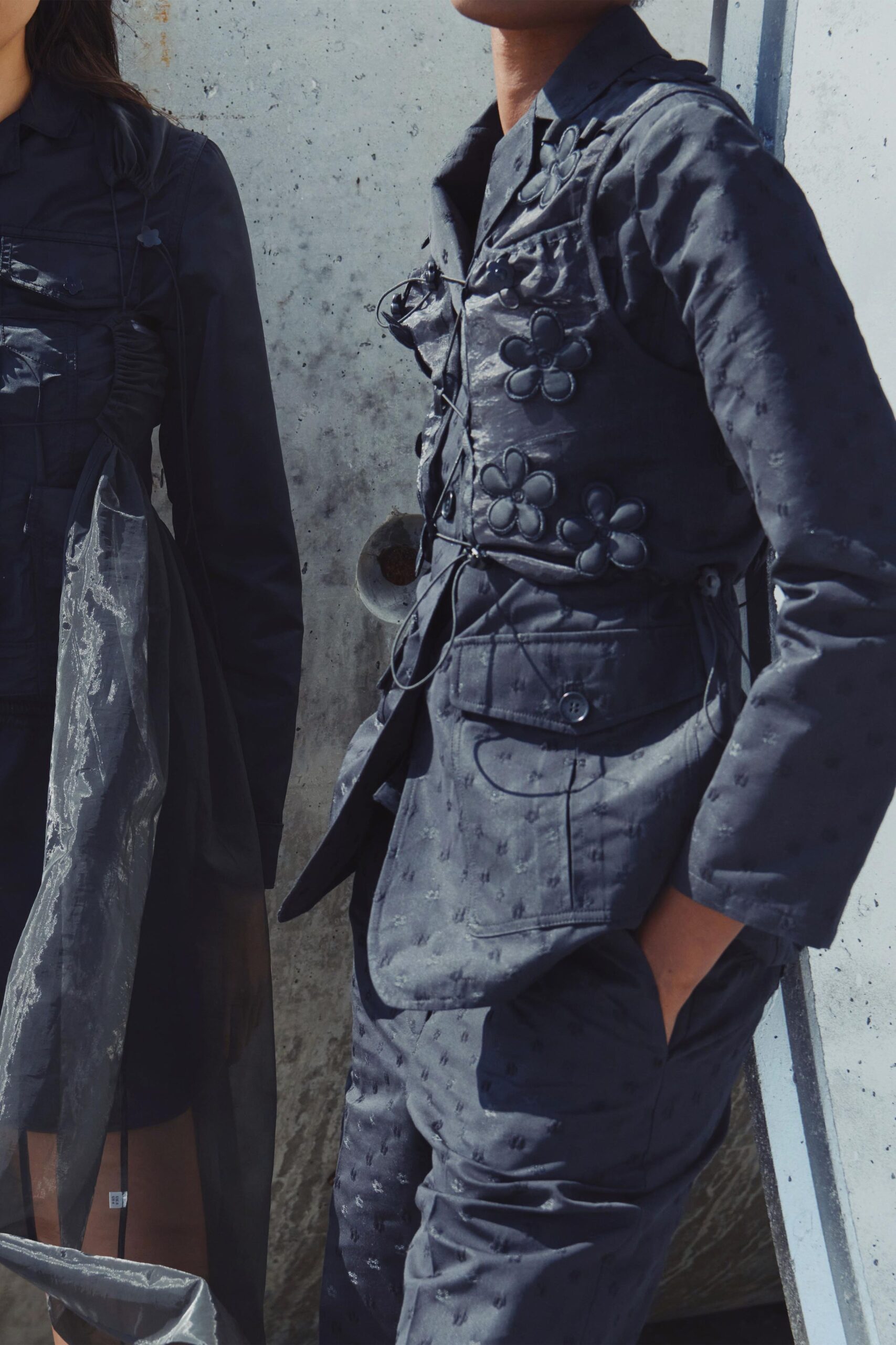 black silk long-sleeve collared structured buttoned layered coat