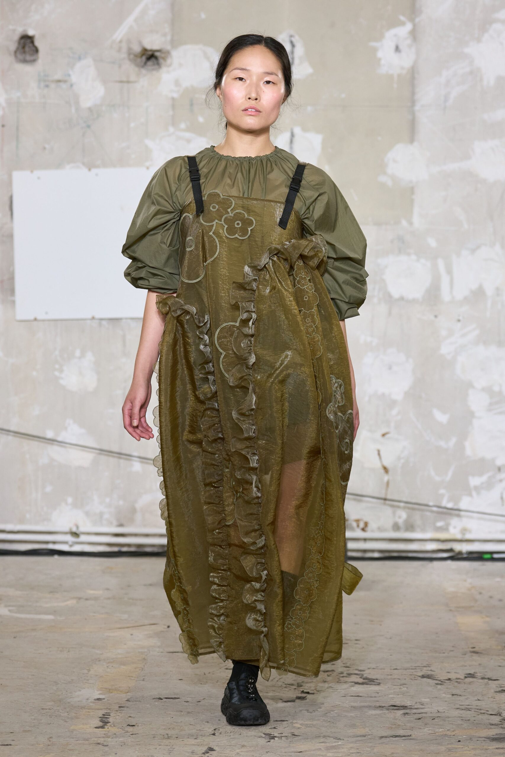 green cotton long-sleeve relaxed ruffled embroidered sheer dress