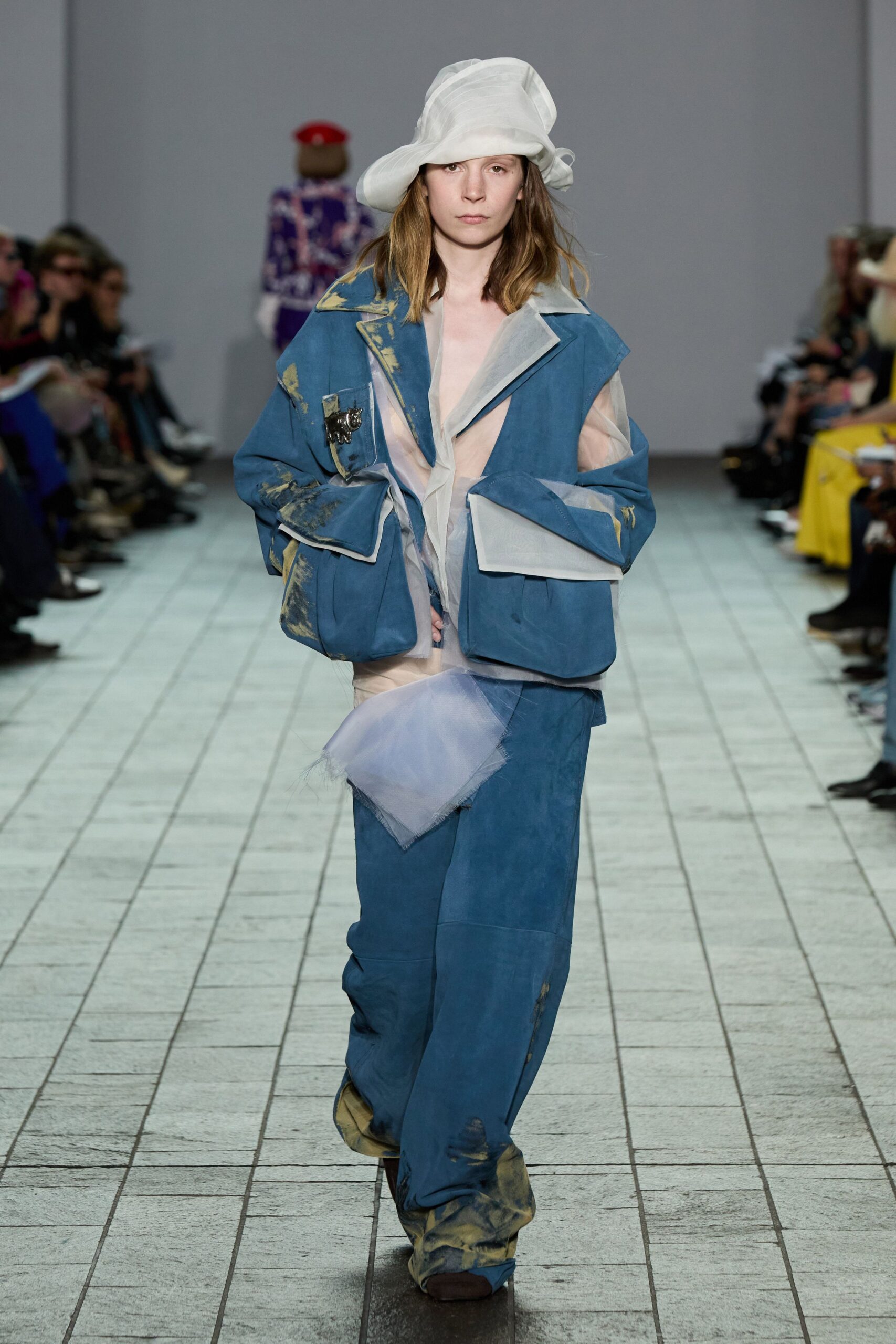 blue cotton long-sleeve collared relaxed layered zippered jacket