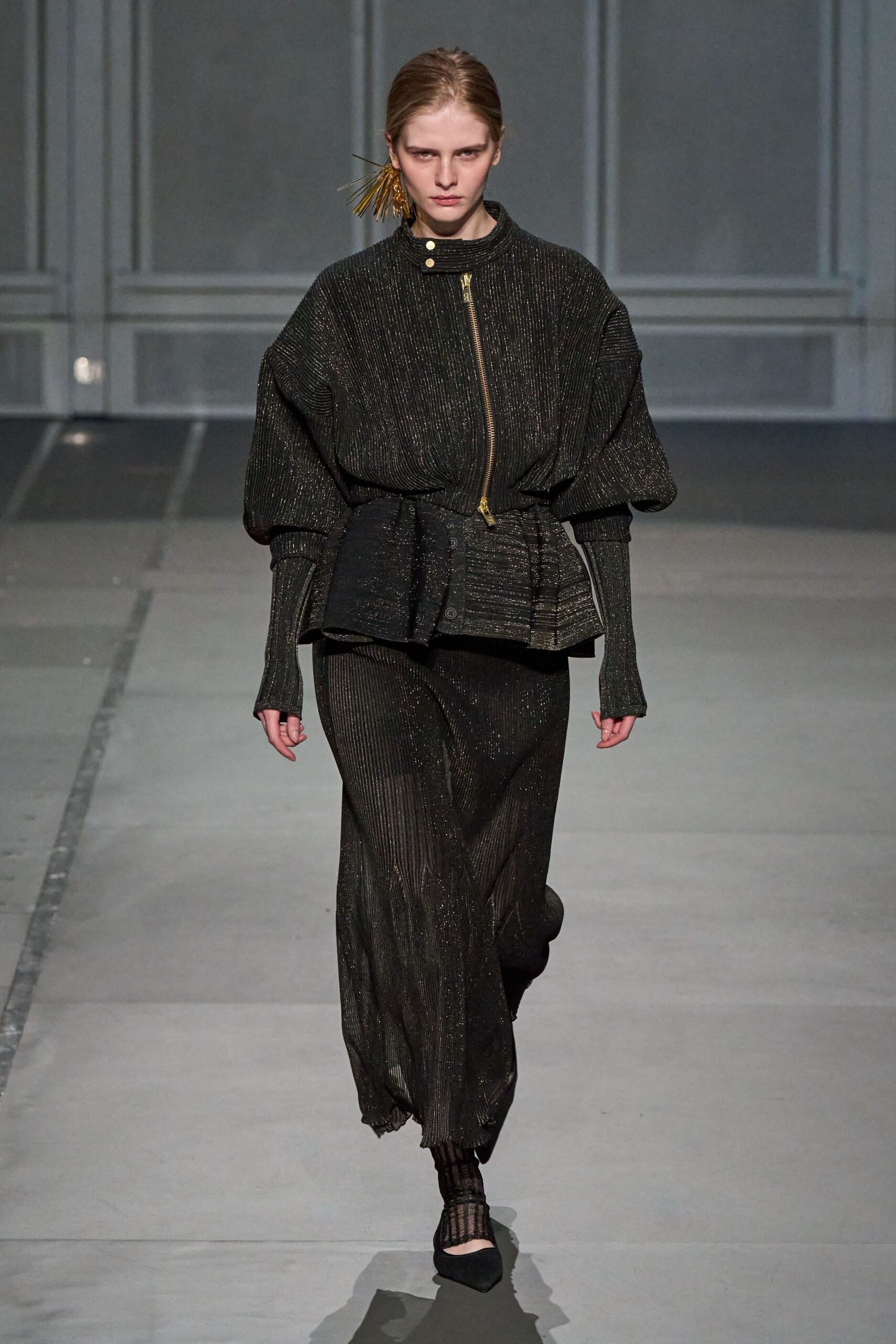 black silk long-sleeve collared relaxed zippered pleated top