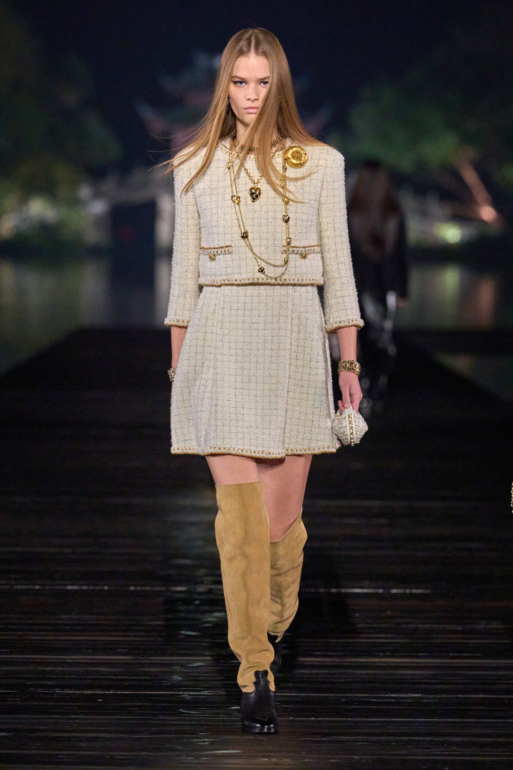 white tweed mini dress with boots