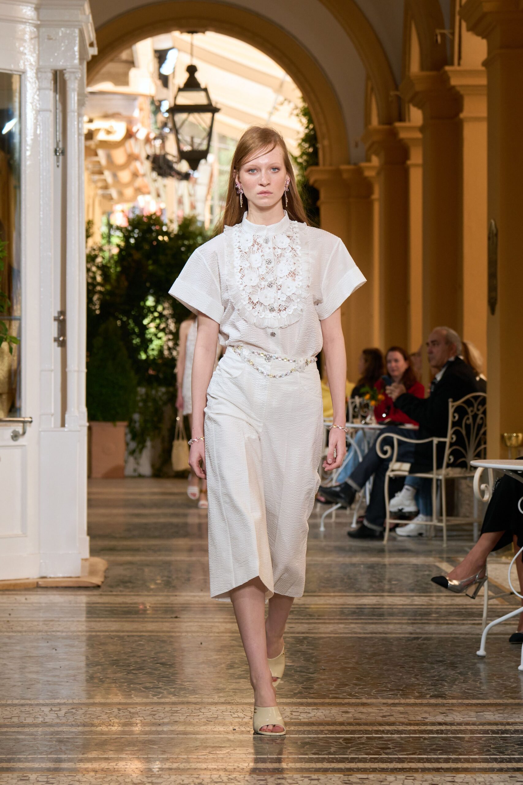 white lace short-sleeve high-neck oversized embroidered ruffled blouse