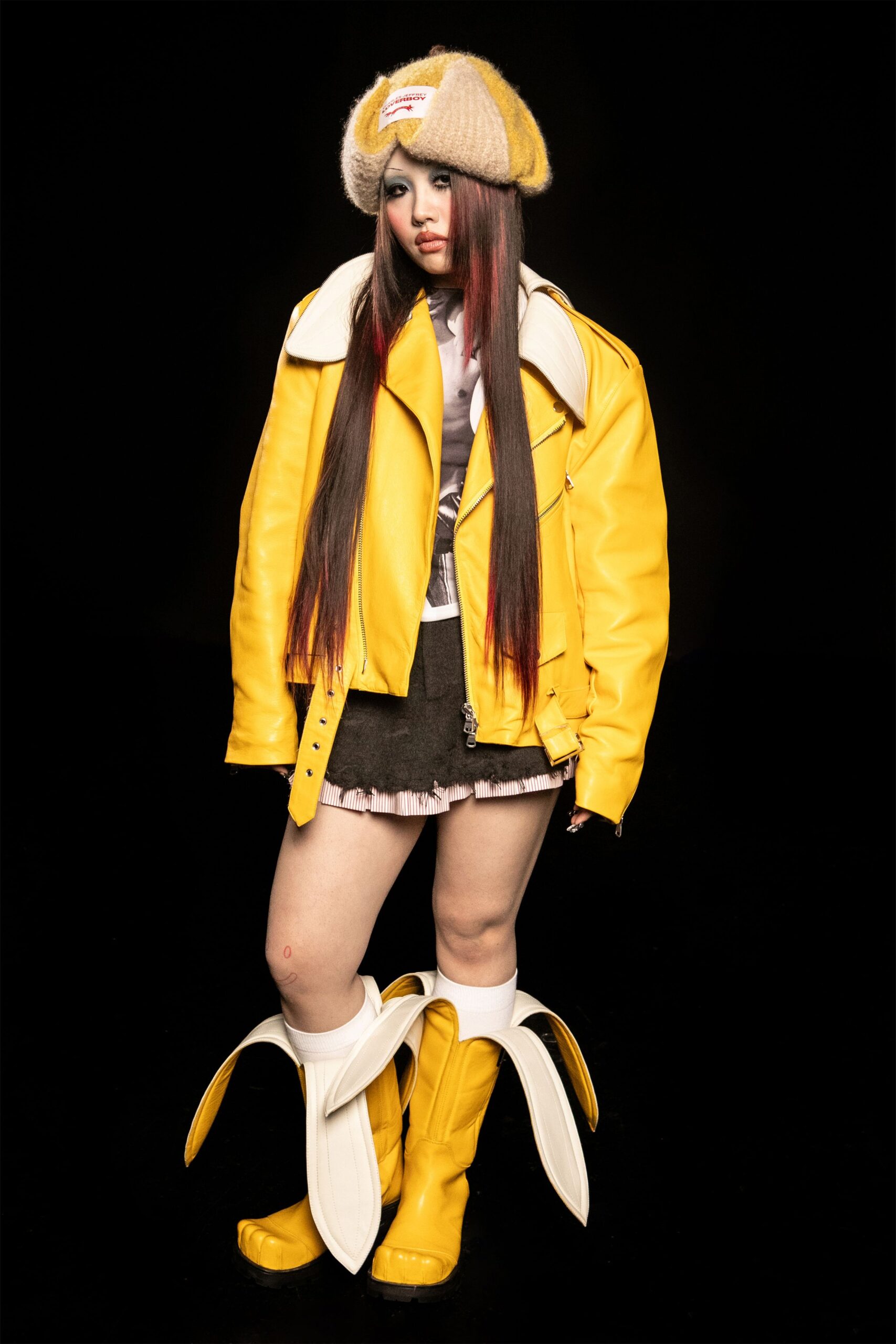 yellow leather long-sleeve collared fitted jacket