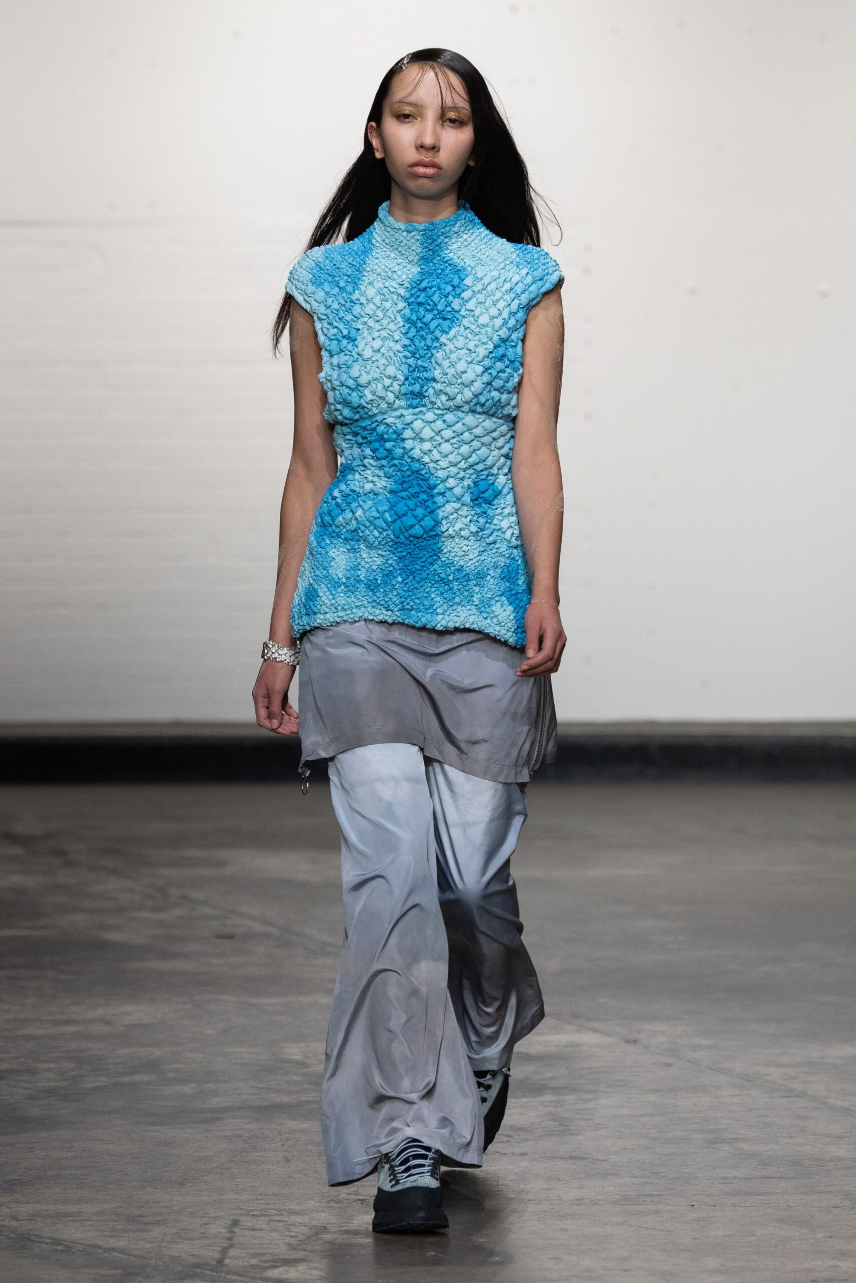 blue mesh sleeveless high-neck fitted layered top