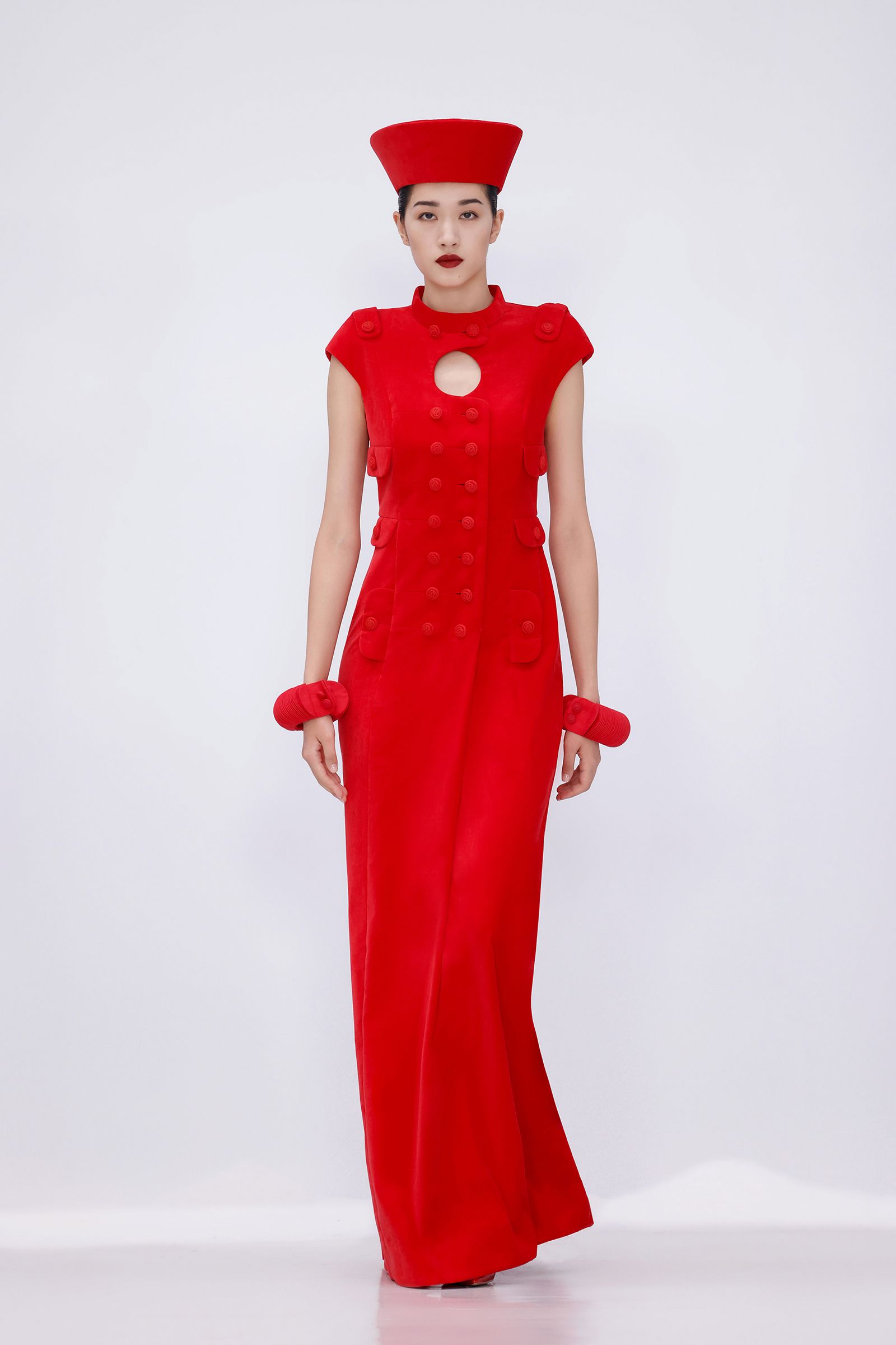 red silk sleeveless high-neck fitted buttoned maxi gown
