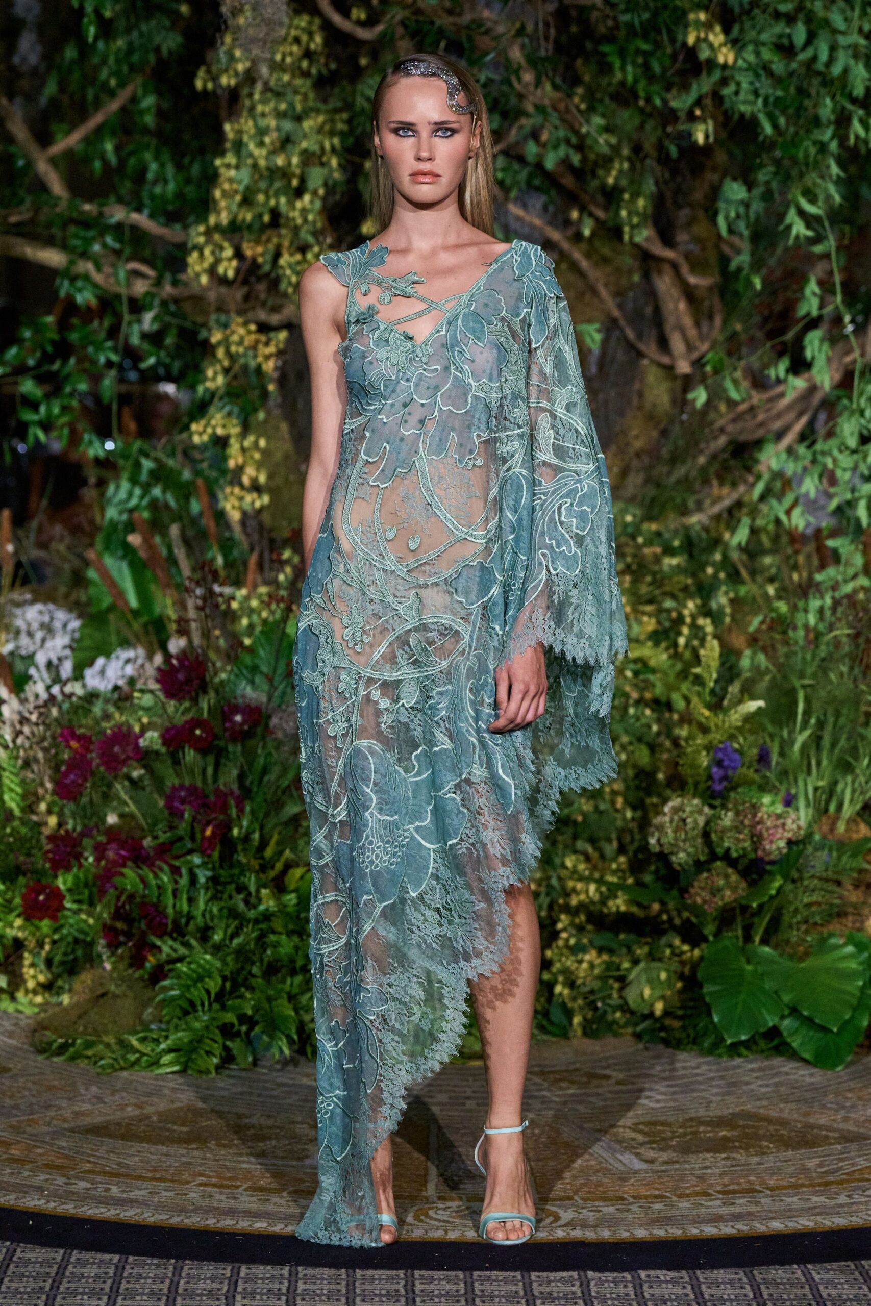 blue lace sleeveless v-neck fitted draped embellished gown