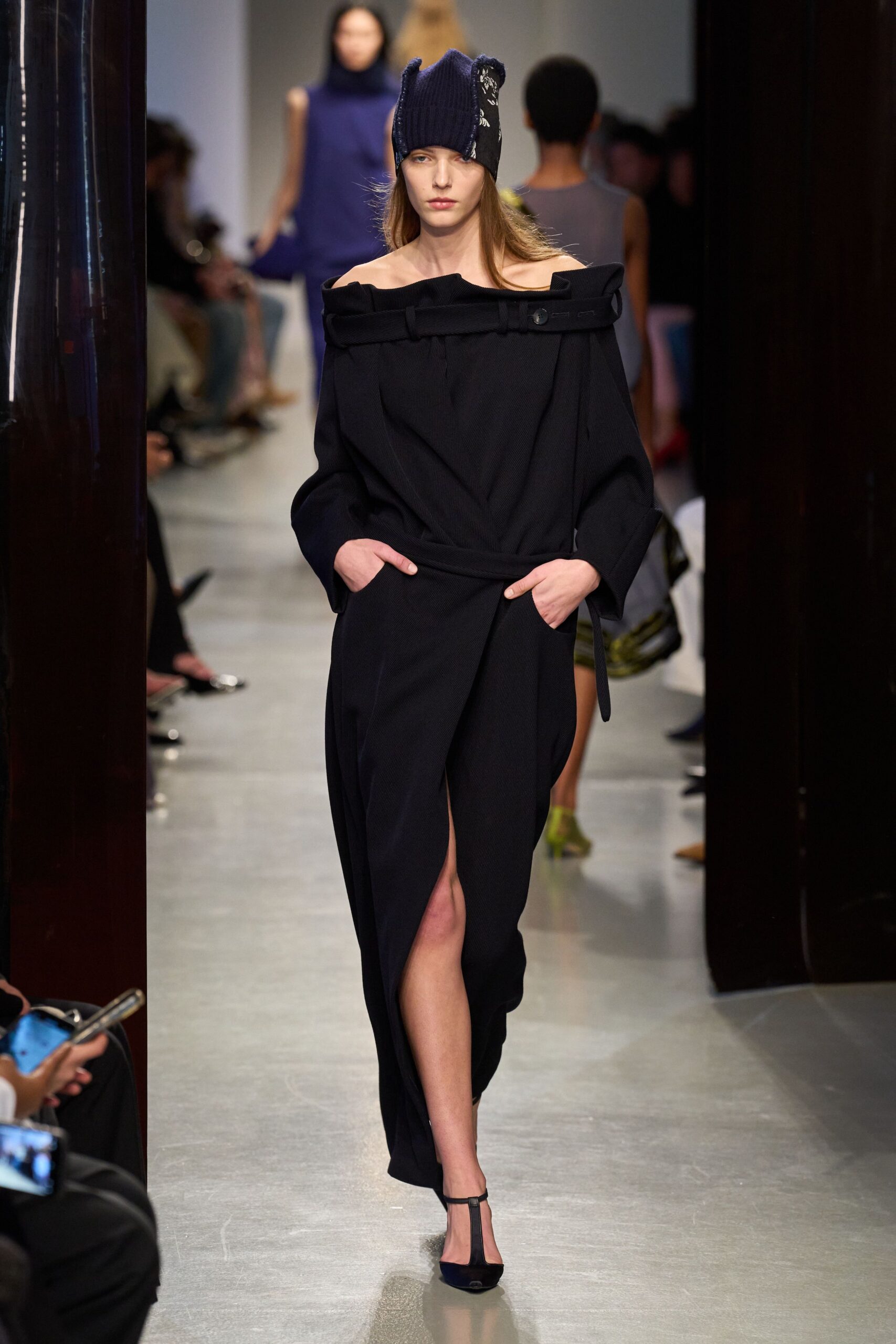 black cotton off-shoulder long-sleeve relaxed draped midi dress