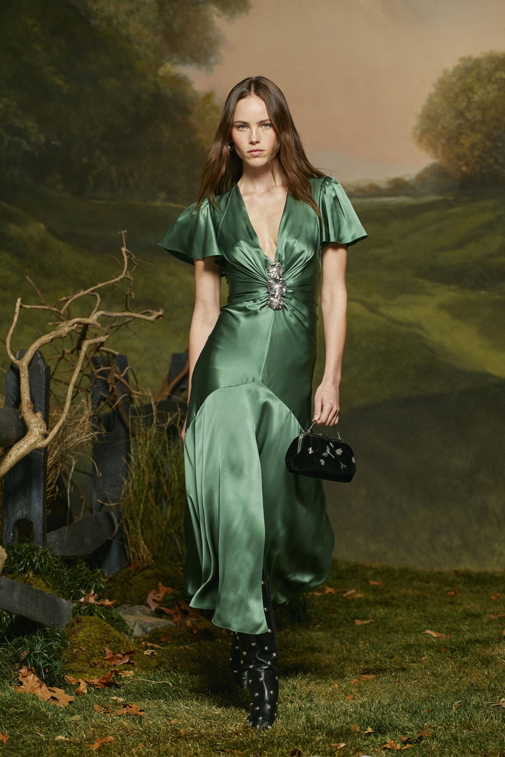 green silk short-sleeve v-neck fitted draped flowing gown