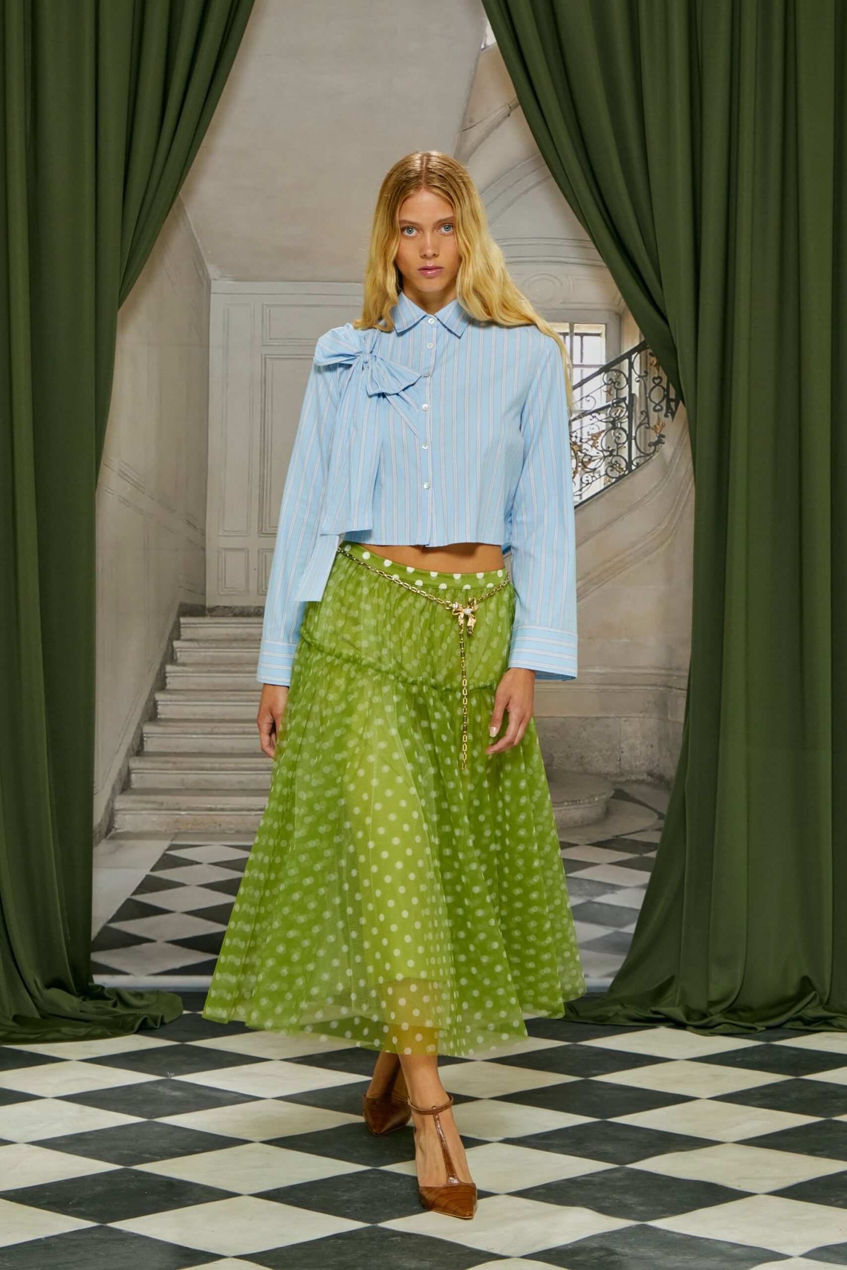 green tulle fitted polka-dot tiered flowing maxi skirt