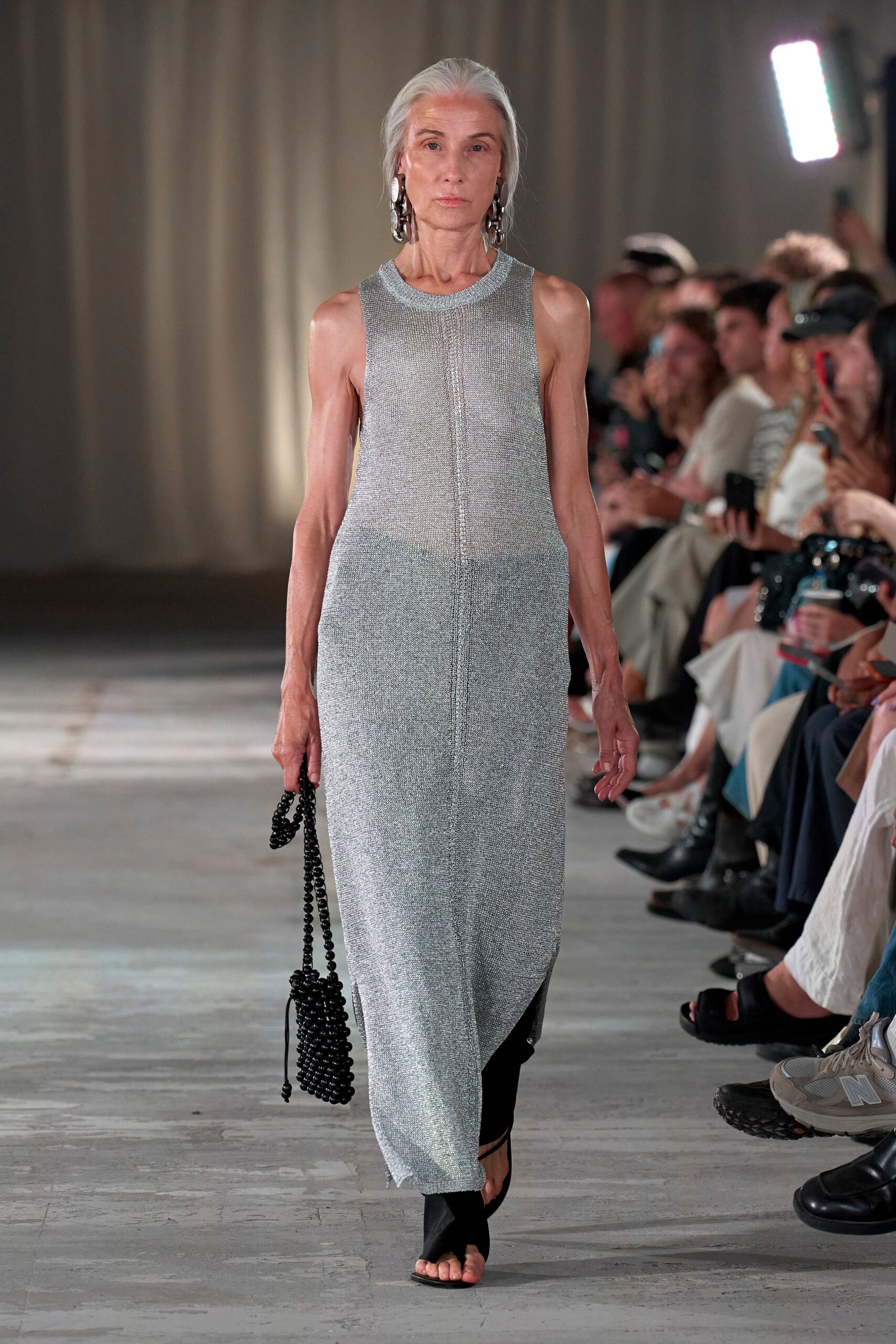 gray metallic sleeveless high-neck fitted straight-leg shiny dress
