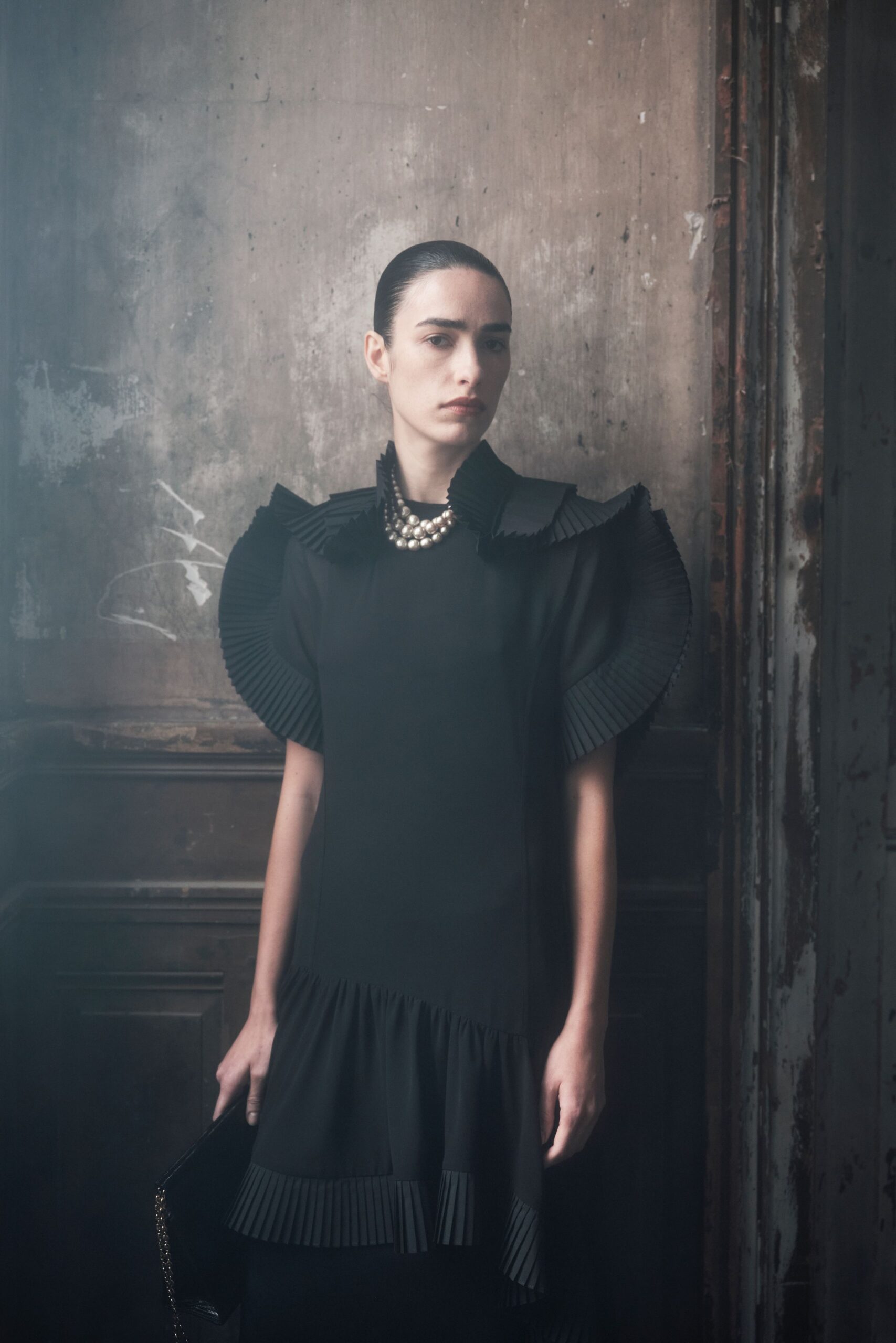 black silk short-sleeve high-neck fitted pleated ruffled dress